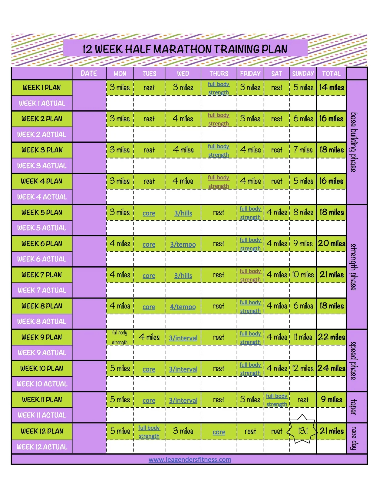 12 Week Half Marathon Training Plan And Pdf Download — Lea Genders intended for Printable Half Marathon Training Plan