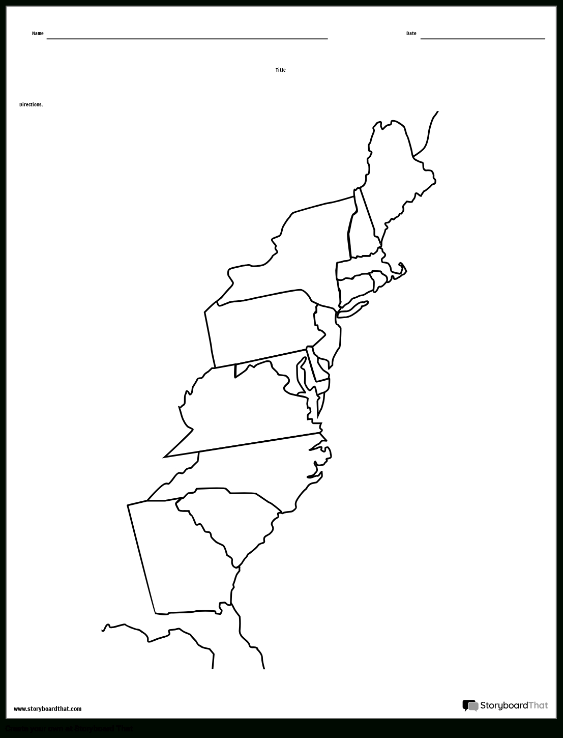 13 Colonies Map Black And White Blank Storyboard in Printable Blank 13 Colonies Map