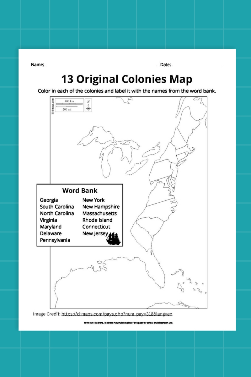 13 Original Colonies Map Bundle (Free Printable Worksheets) inside Printable Blank 13 Colonies Map