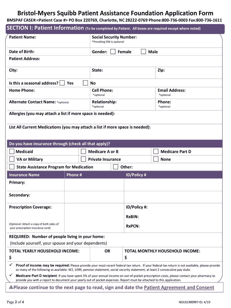 2019-2025 Bristol-Myers Squibb Patient Assistance Foundation inside Eliquis Patient Assistance Form Printable