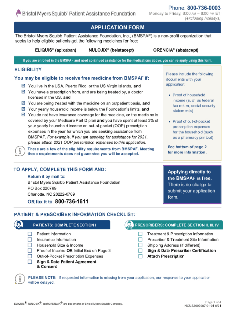 2021-2025 Bmspaf Application Form Fill Online, Printable, Fillable with Eliquis Patient Assistance Form Printable