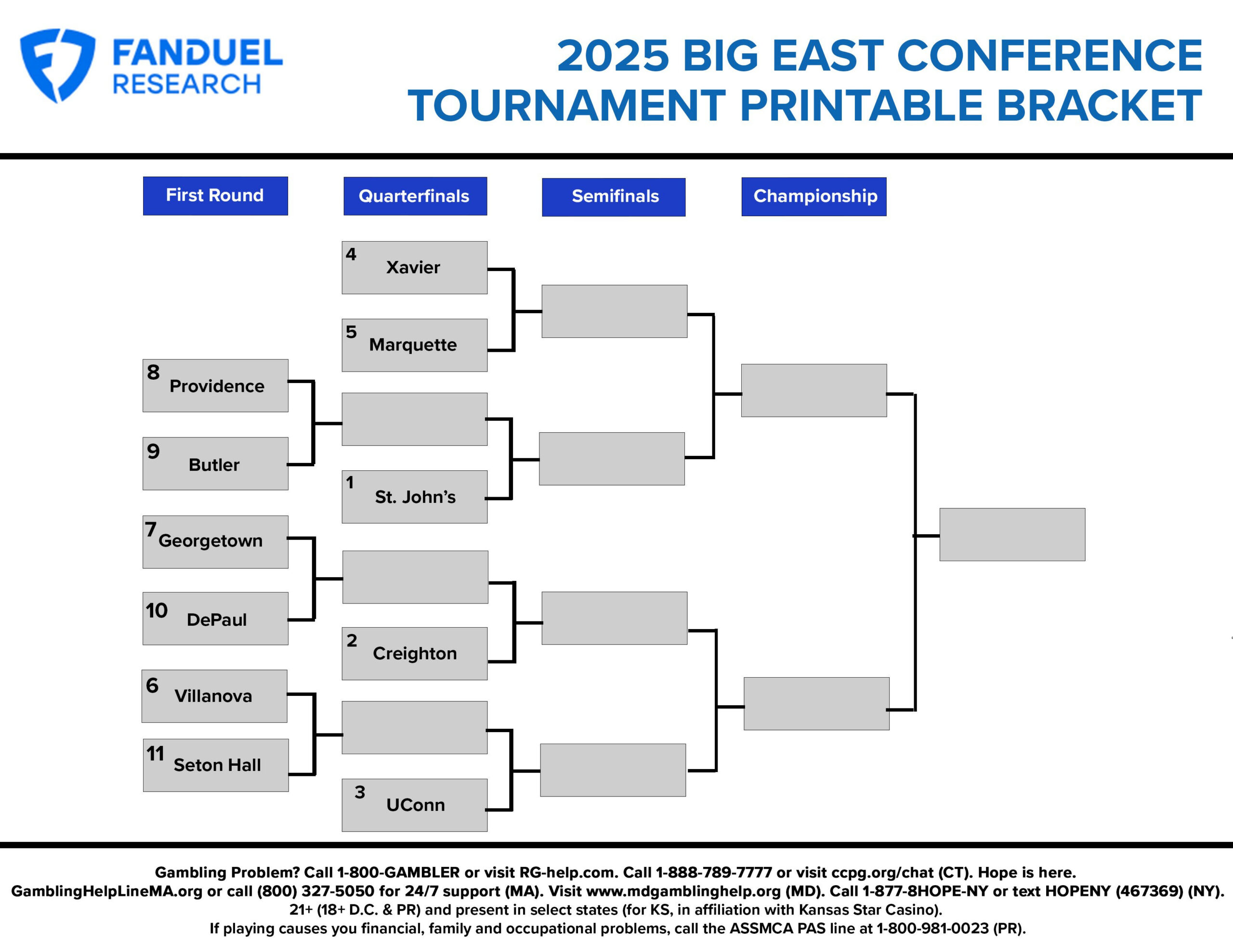2025 Big East Basketball Printable Bracket For Conference regarding Big East Tournament Bracket Printable