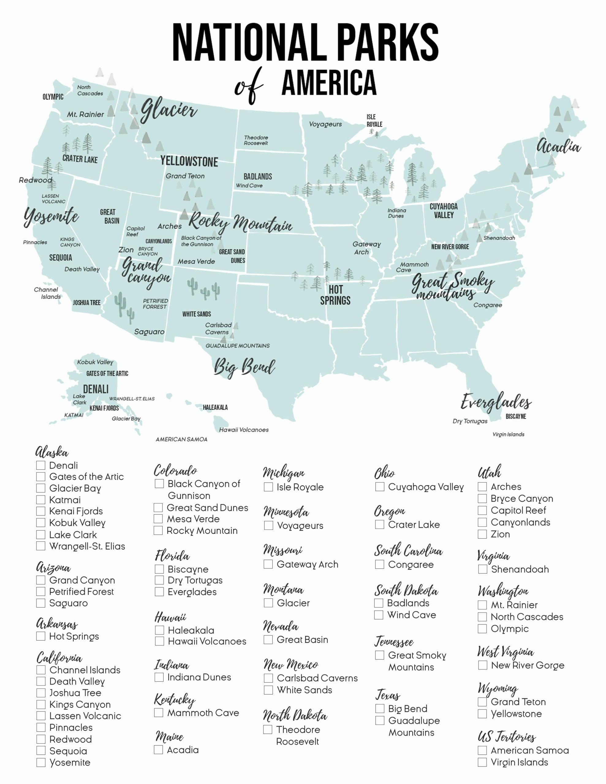 2025 U.s. National Park Liststate (Free Printable Map & Checklist) regarding Printable List of National Parks By State