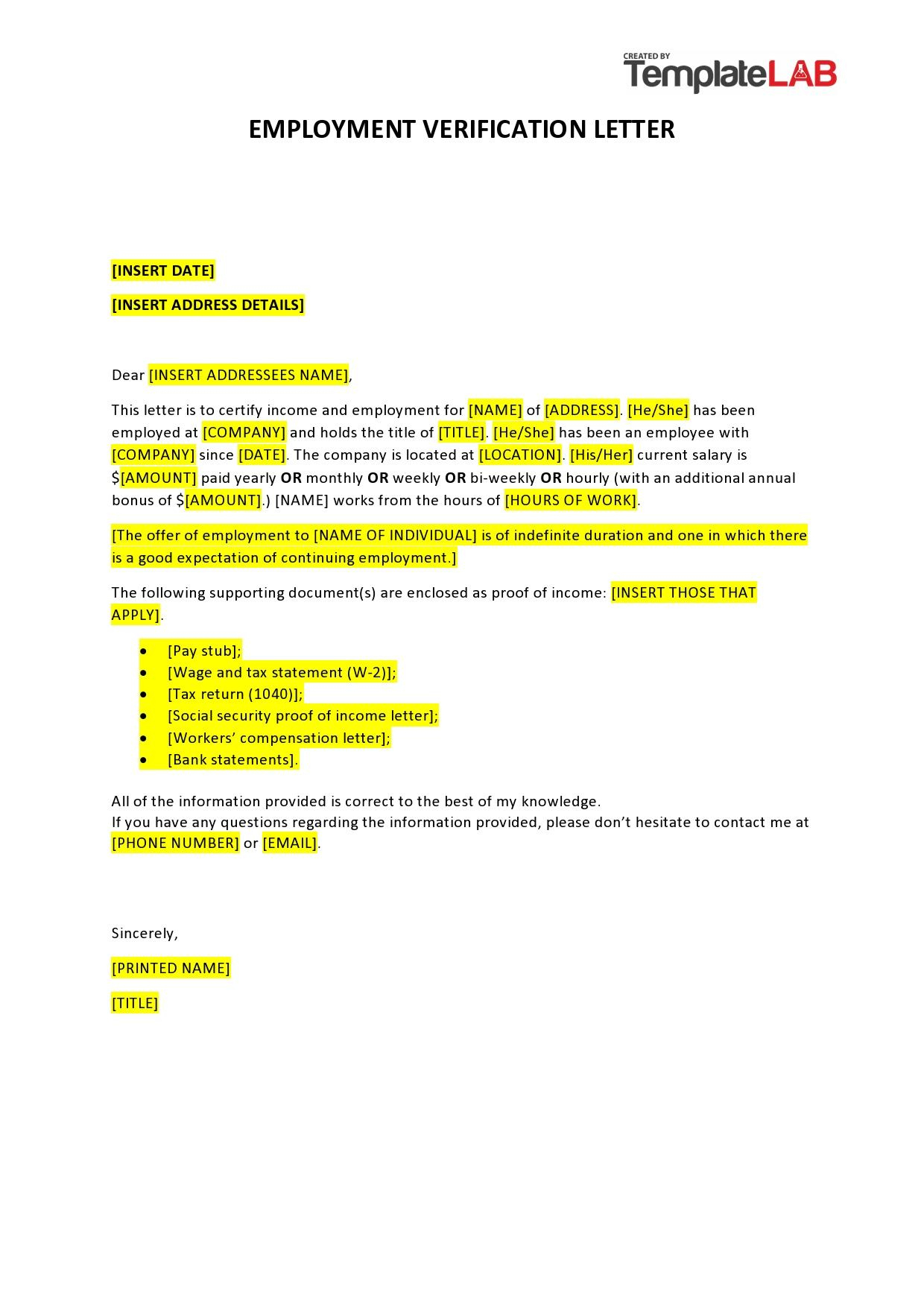 40 Proof Of Employment Letters [Employment Verification Letters] with regard to Free Printable Proof of Employment Letter