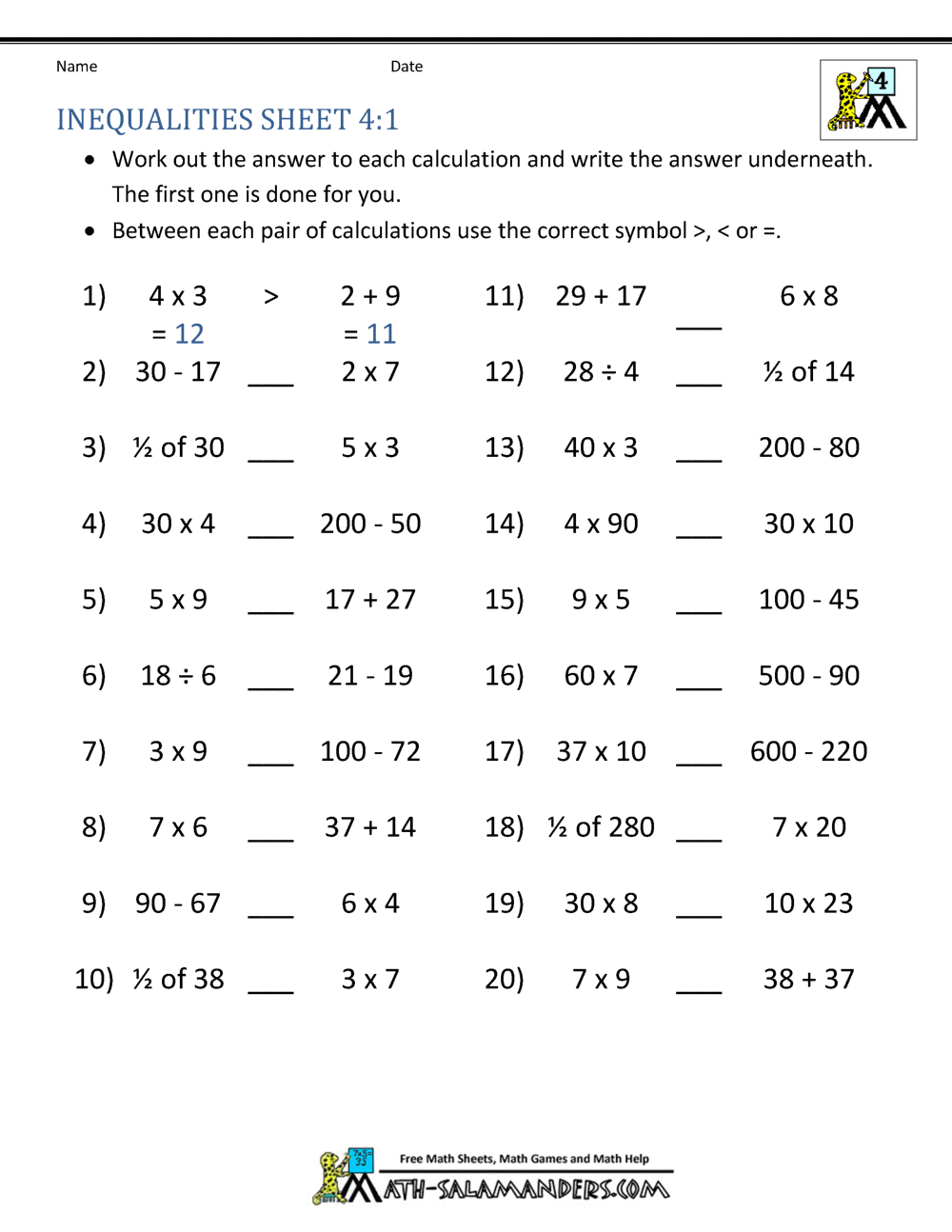 4Th Grade Math Practice Multiples, Factors And Inequalities with Math Tests For 4Th Graders Printable
