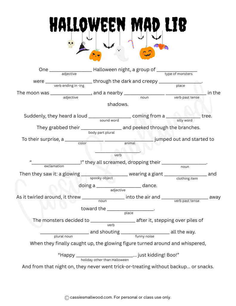 5 Fun Halloween Mad Libs (Free Printable) - Cassie Smallwood for Halloween Mad Libs Printable