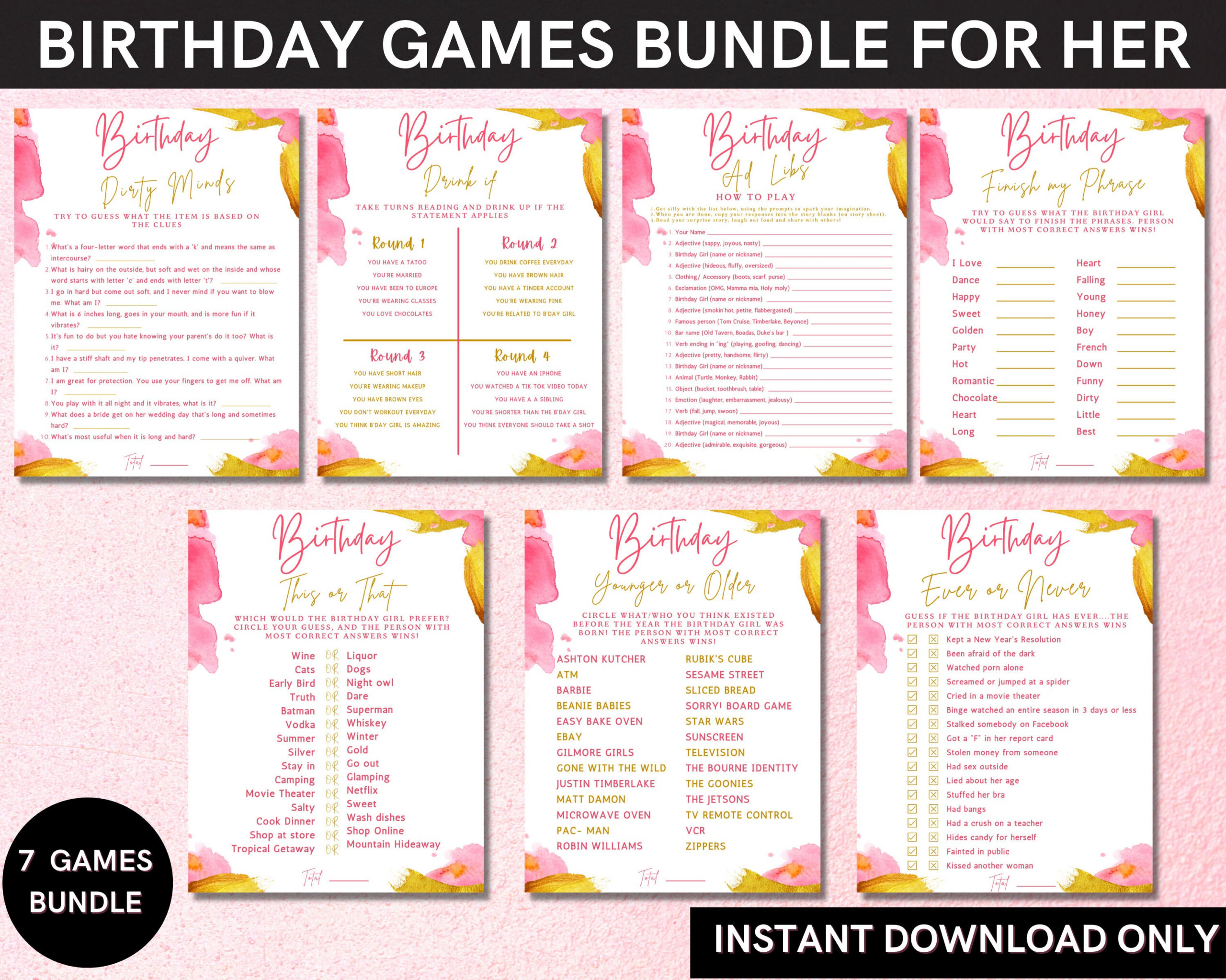Adult Birthday Party Games: 7 Printable Games For Her (Instant in Birthday Games For Adults Printable