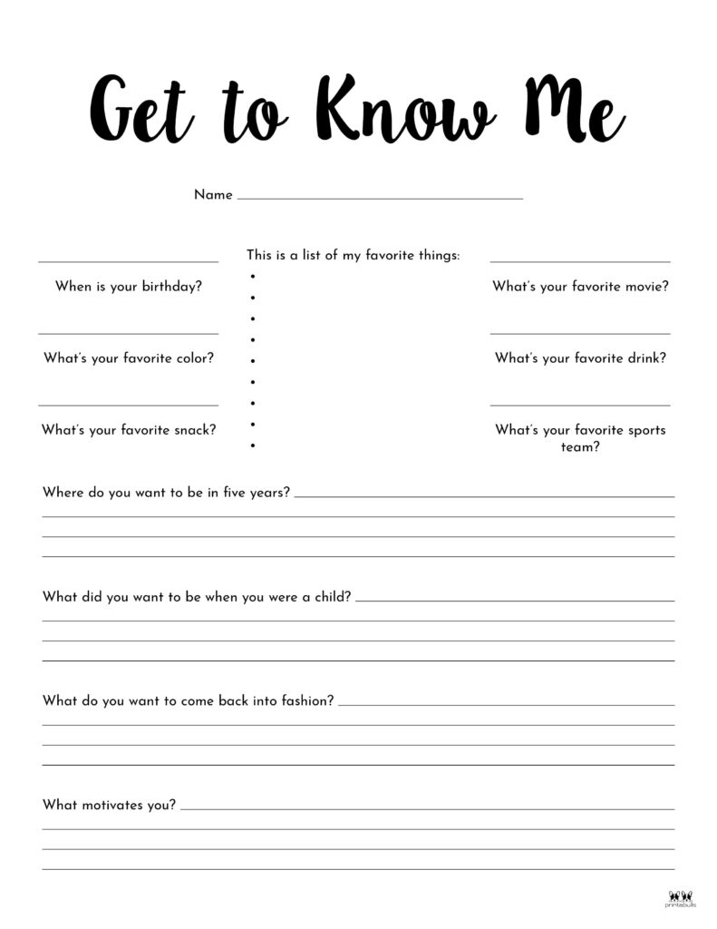 All About Me Printable Worksheets - 50 Free Printables with Free Printable Get To Know You Worksheets