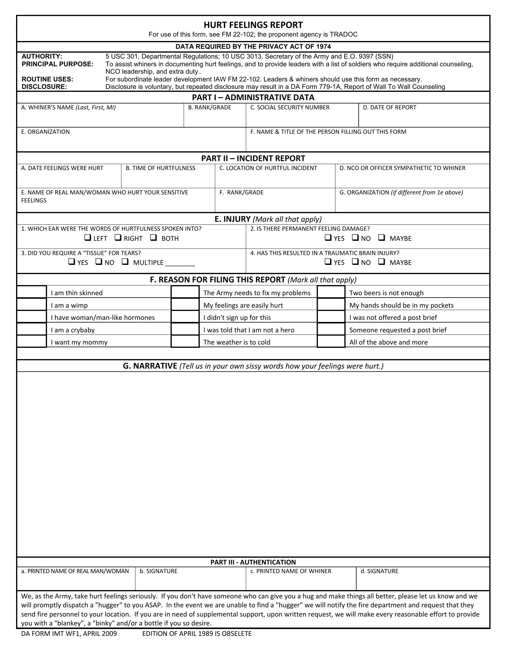 Army Hurt Feelings Report Form ≡ Fill Out Online throughout Hurt Feelings Report Funny Printable