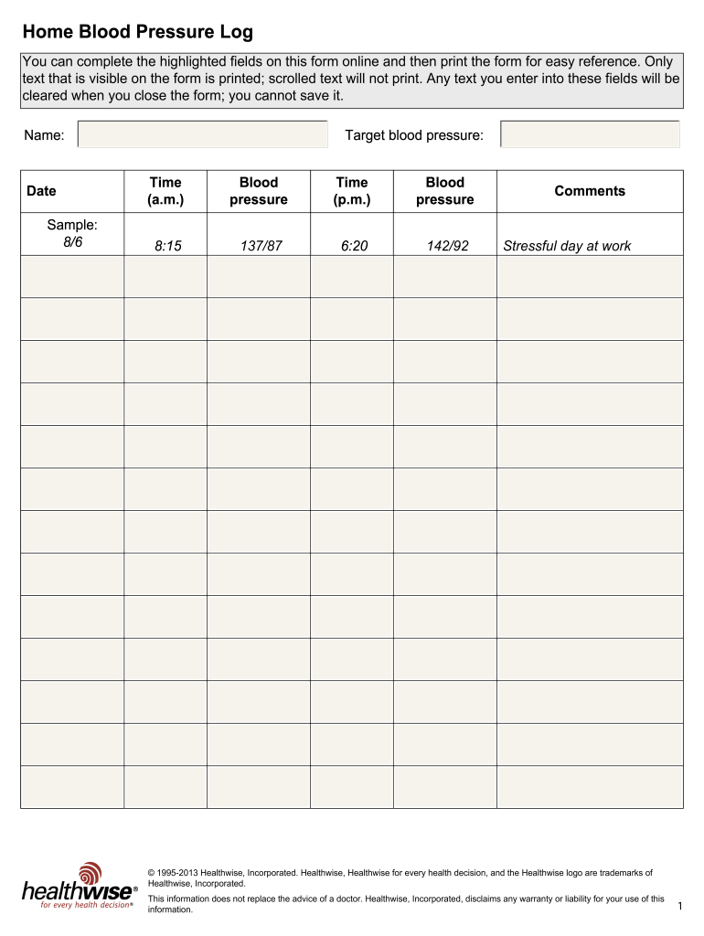 Blood Pressure Chart - Fill Online, Printable, Fillable, Blank pertaining to Charts For Recording Blood Pressure Printable