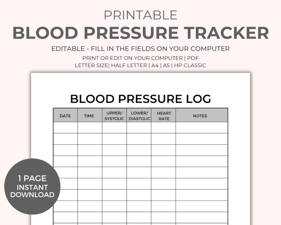 Blood Pressure Chart Printable - Instant Download, Medical Tracker inside Blood Pressure Tracking Chart Printable