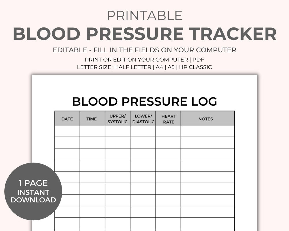 Blood Pressure Chart Printable - Instant Download, Medical Tracker with regard to Charts For Recording Blood Pressure Printable