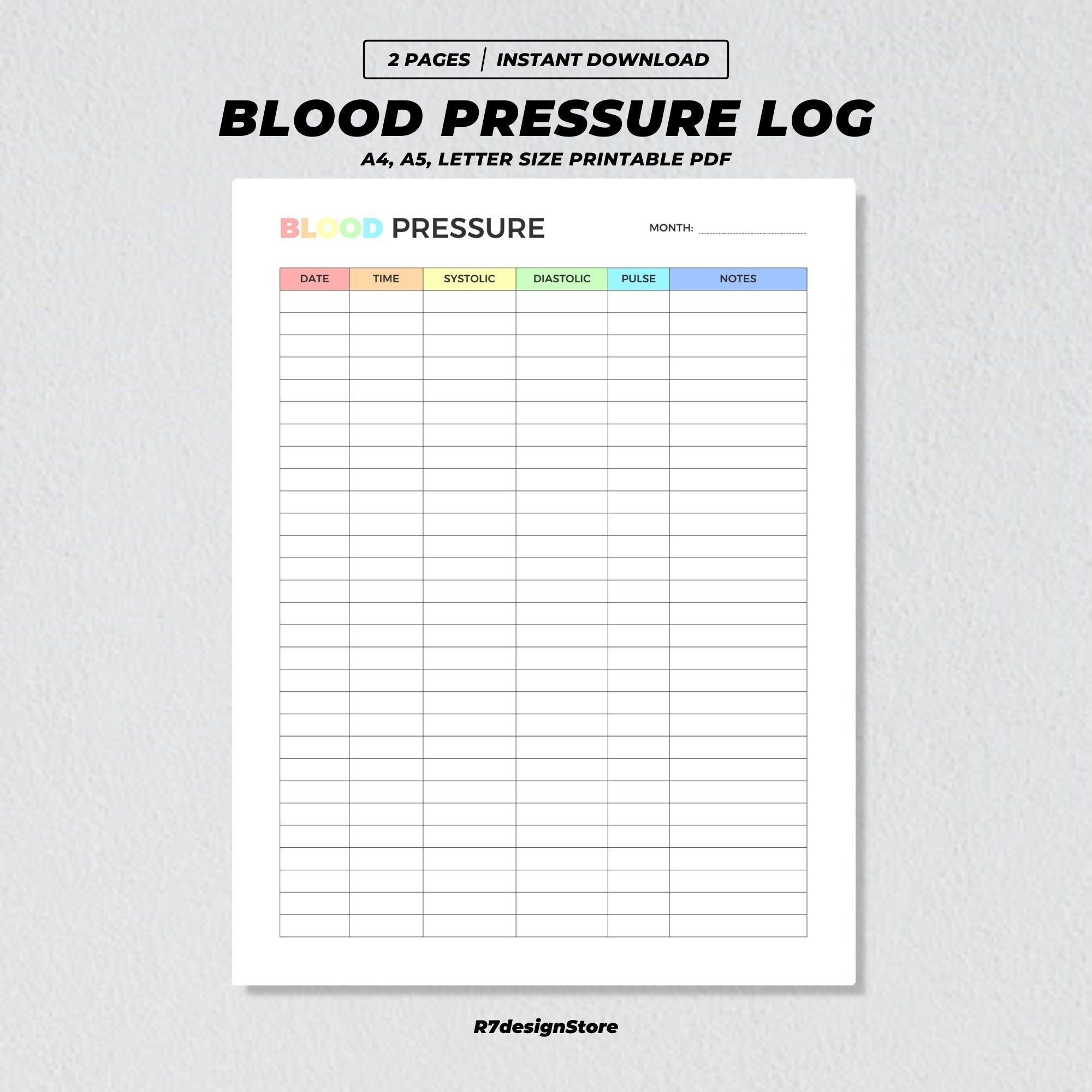 Blood Pressure Log Tracker Printable, High Blood Pressure Record for Charts For Recording Blood Pressure Printable