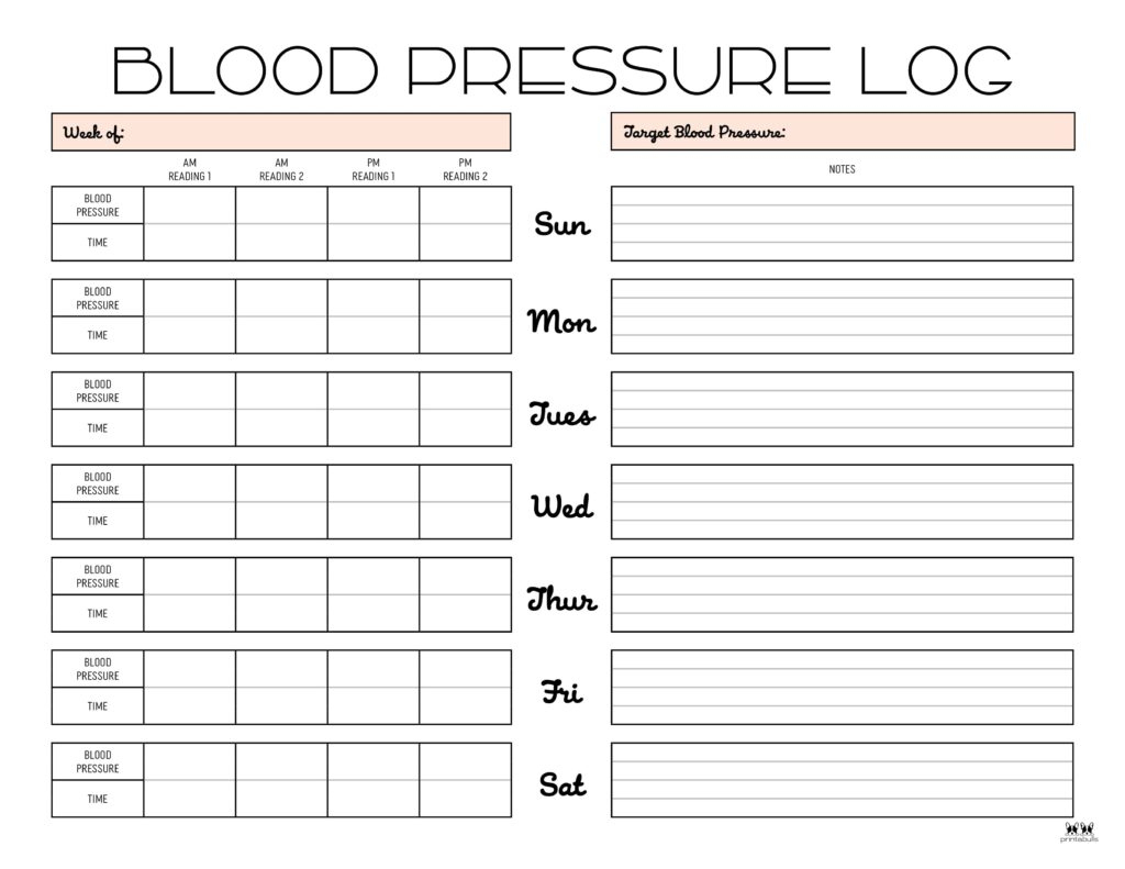 Blood Pressure Logs - 25 Free Printables | Printabulls throughout Blood Pressure Tracking Chart Printable