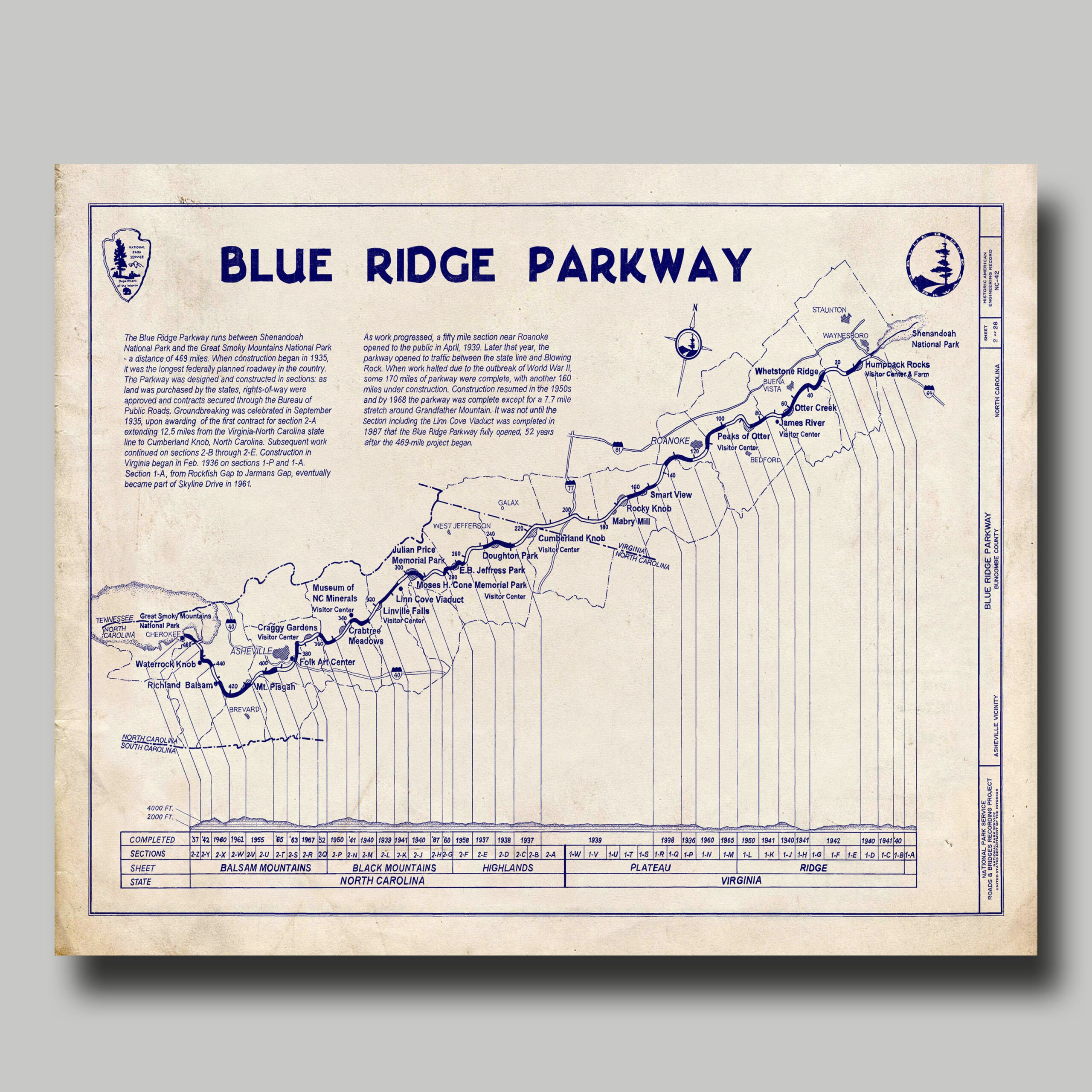 Blue Ridge Parkway - Mountains - Blueprint - Highway - Map - Print with regard to Printable Blue Ridge Parkway Map