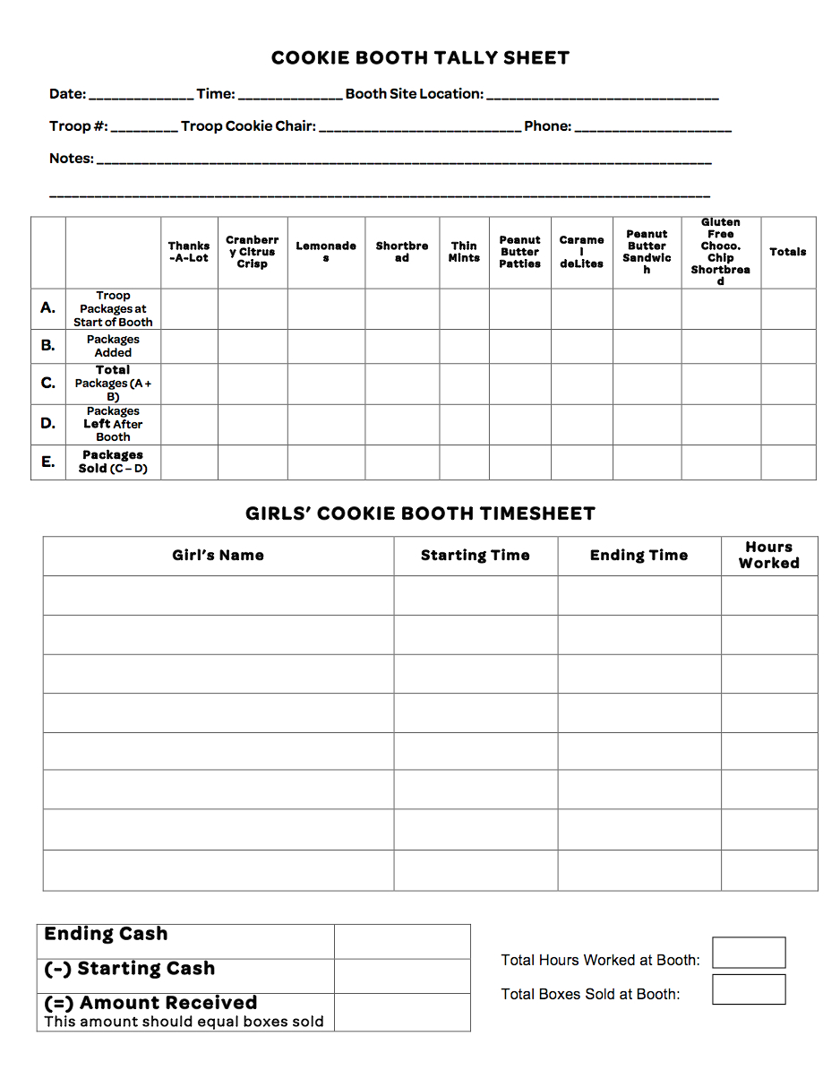 Booth Tally Sheet with regard to Free Printable Cookie Booth Tally Sheet
