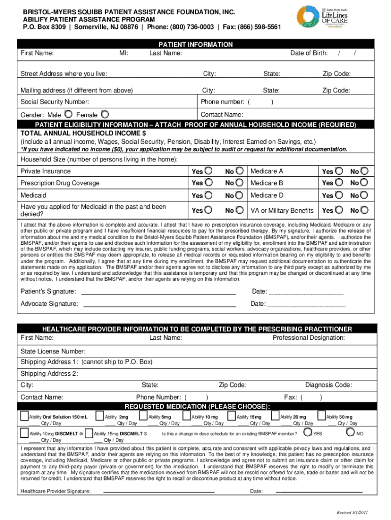 Bristol Myers Squibb Patient Assistance Foundation Form - Fill regarding Eliquis Patient Assistance Form Printable