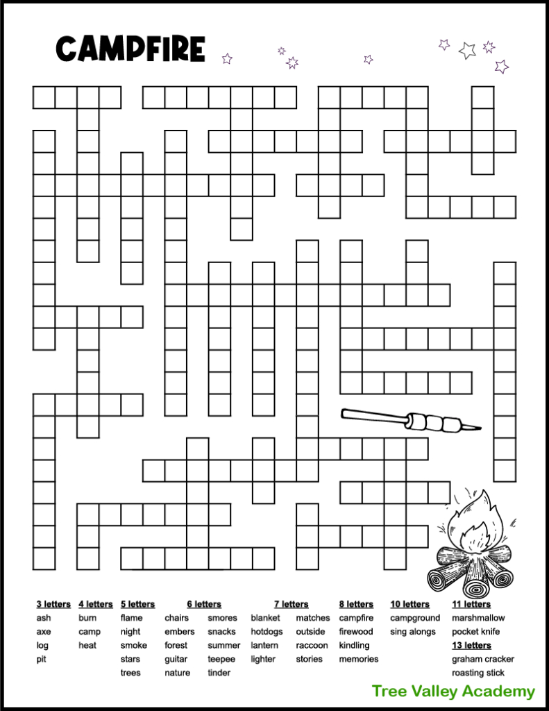 Campfire Camping Word Fill In Puzzle - Tree Valley Academy regarding Fill in Puzzles Free Printable