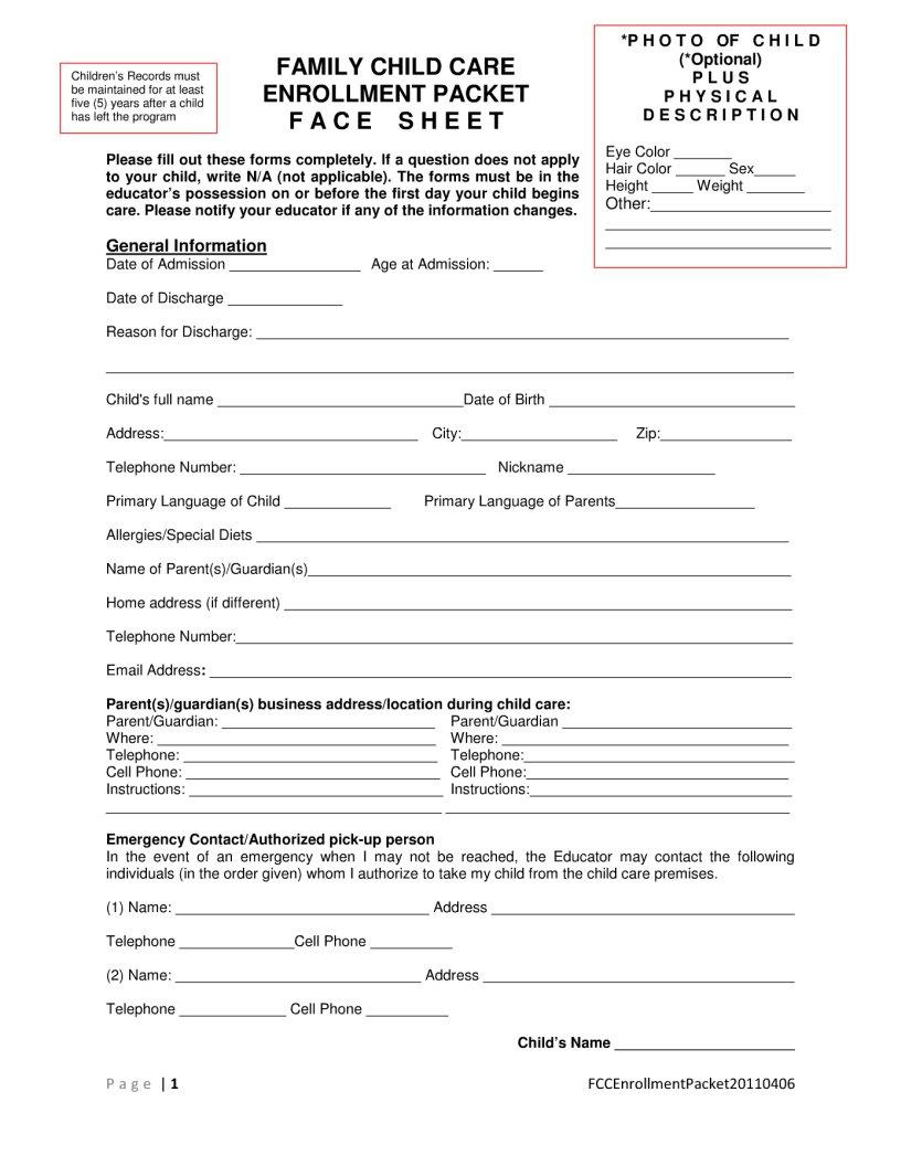 Child Enrollment Packet Form ≡ Fill Out Printable Pdf Forms Online for Free Printable Daycare Enrollment Forms