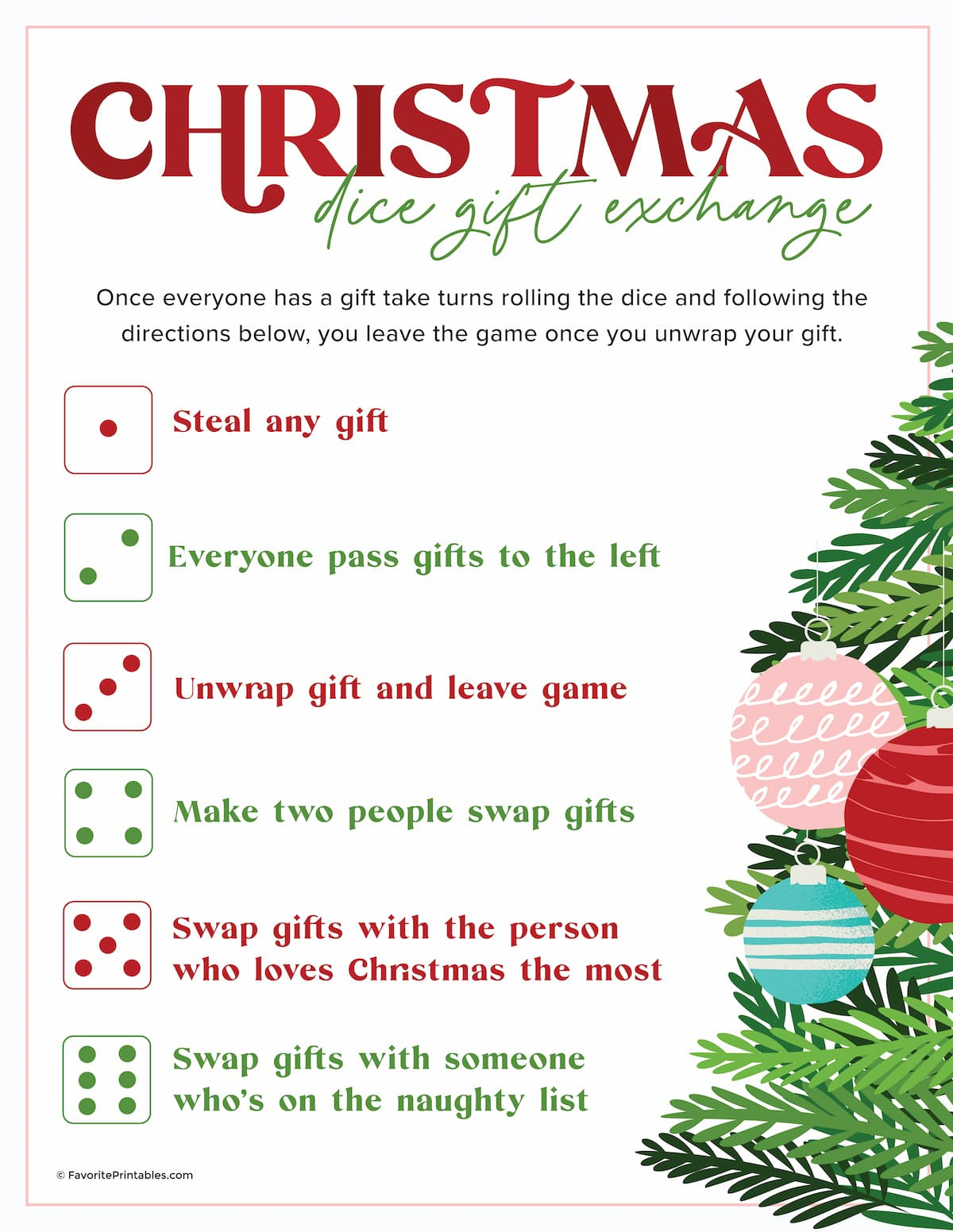 Christmas Dice Game, Free Printable For Gift Exchange! - Favorite for White Elephant Dice Game Rules Printable