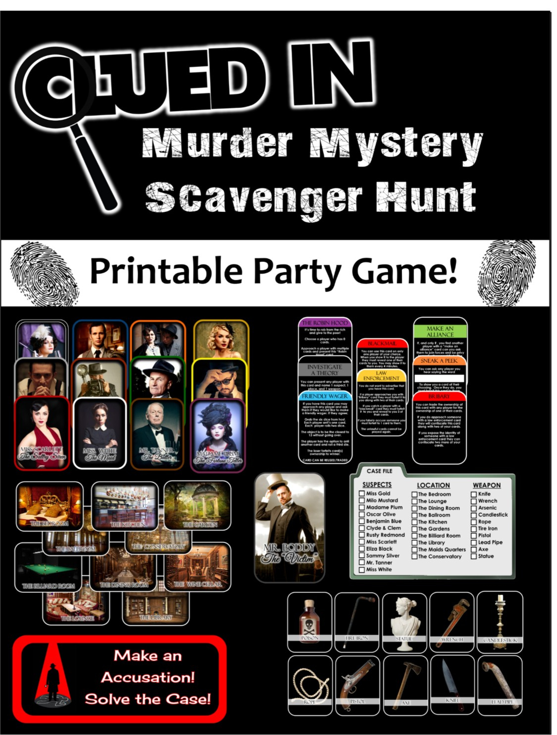 Clued-In Murder Mystery Scavenger Hunt - Printable Party Game with Free Printable Mystery Games Free Download
