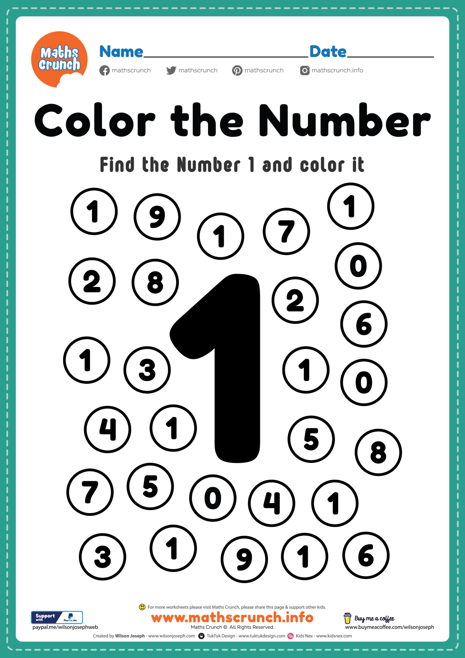 Coloring Numbers, Number 1 Worksheet - Free Printable Pdf for Free Printable Preschool Worksheets Numbers