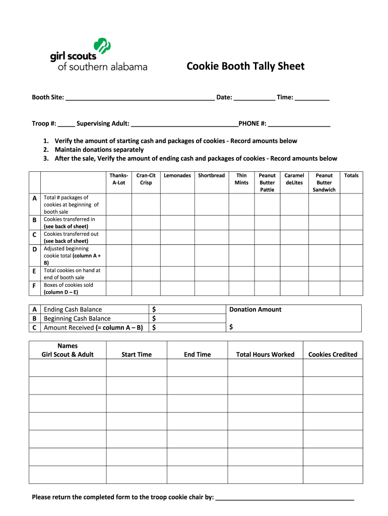 Cookie Booth Tally Sheet: Fill Out & Sign Online | Dochub inside Free Printable Cookie Booth Tally Sheet