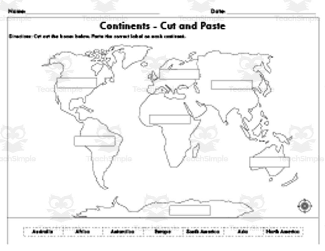 Cut And Paste Continents - World Map with Cut Out 7 Continents Printable
