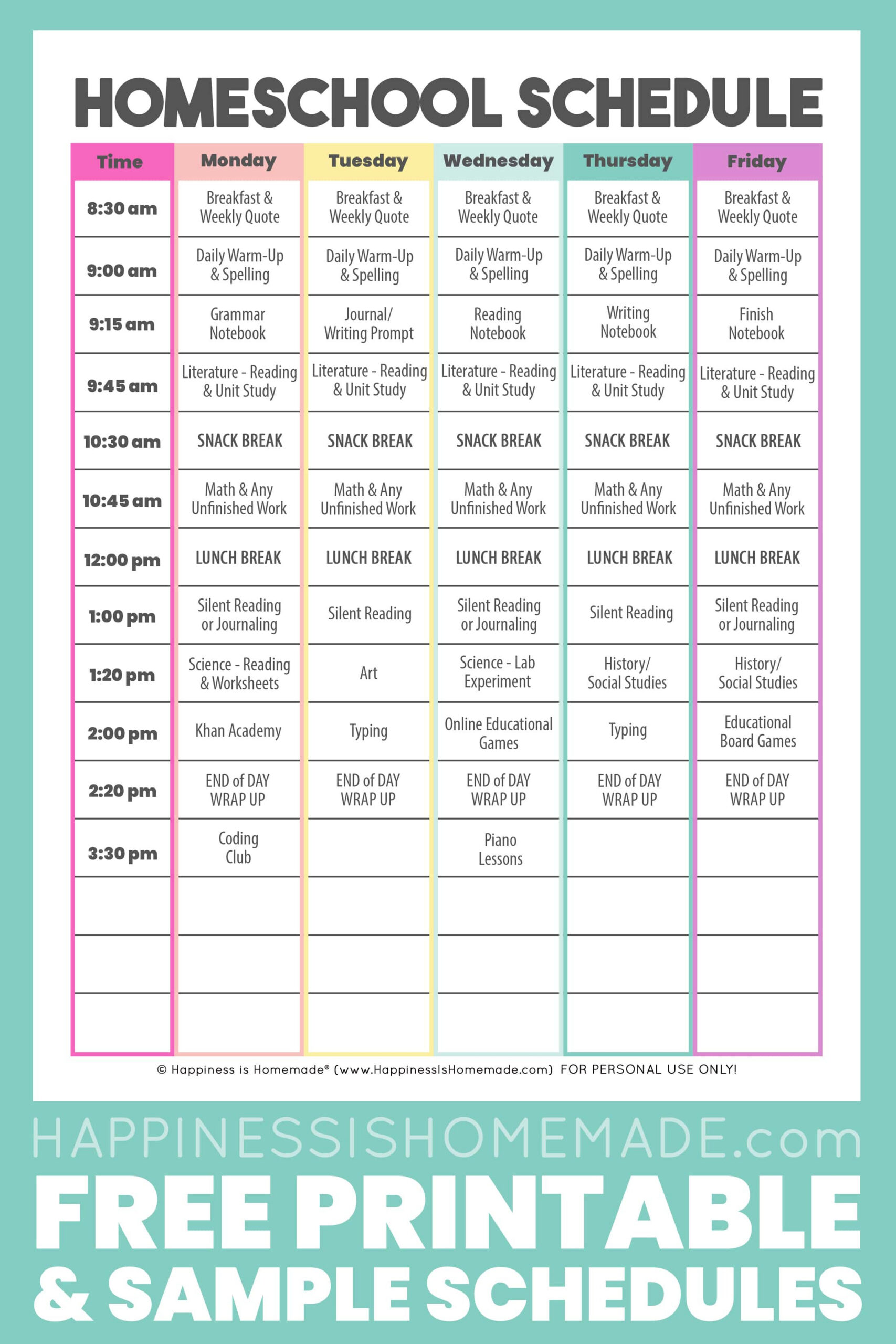 Daily Homeschool Schedule Samples - Happiness Is Homemade with regard to Free Printable Homeschool Daily Schedule Printable