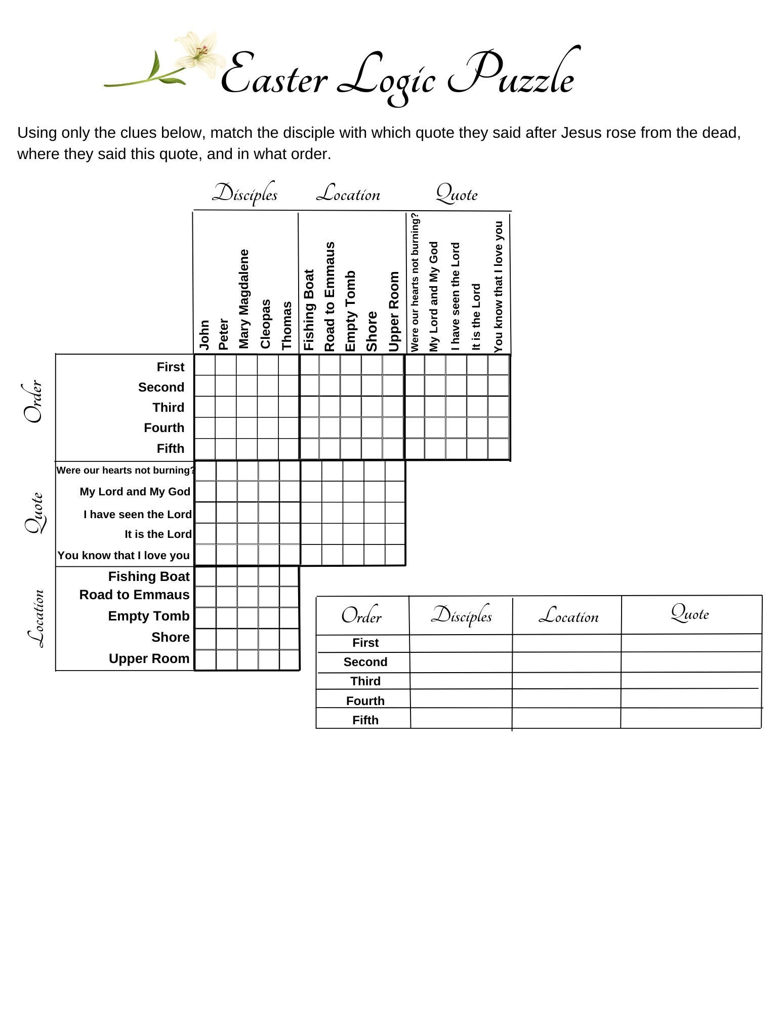 Easter Logic Puzzle: Christian Disciples Bible Game (Instant within Printable Logic Puzzles For Adults
