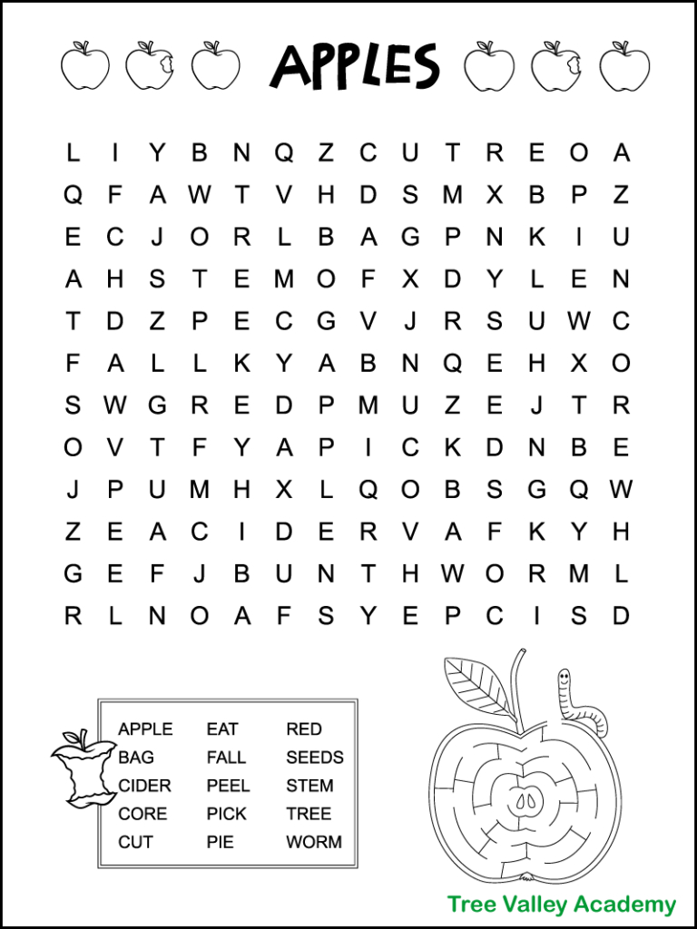 Easy Apple Word Search For Kids - Tree Valley Academy for Easy Word Search Puzzles Printable