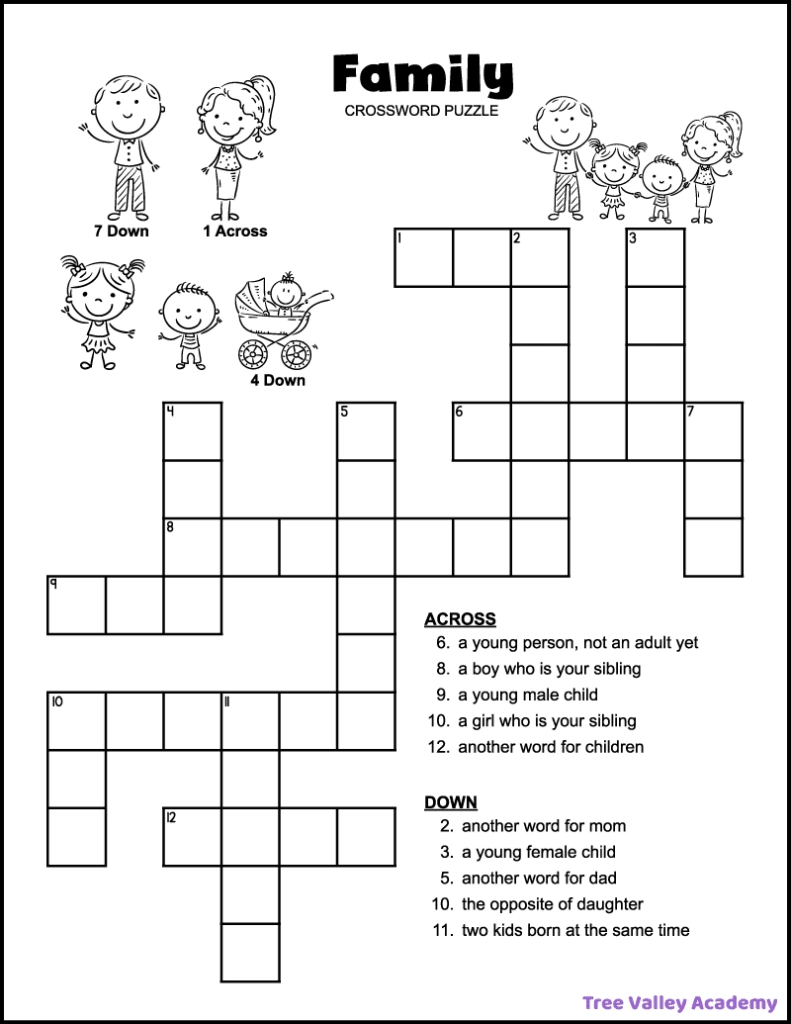 Easy Family Crossword Puzzle - Tree Valley Academy within Easy Crossword Puzzles Free Printable