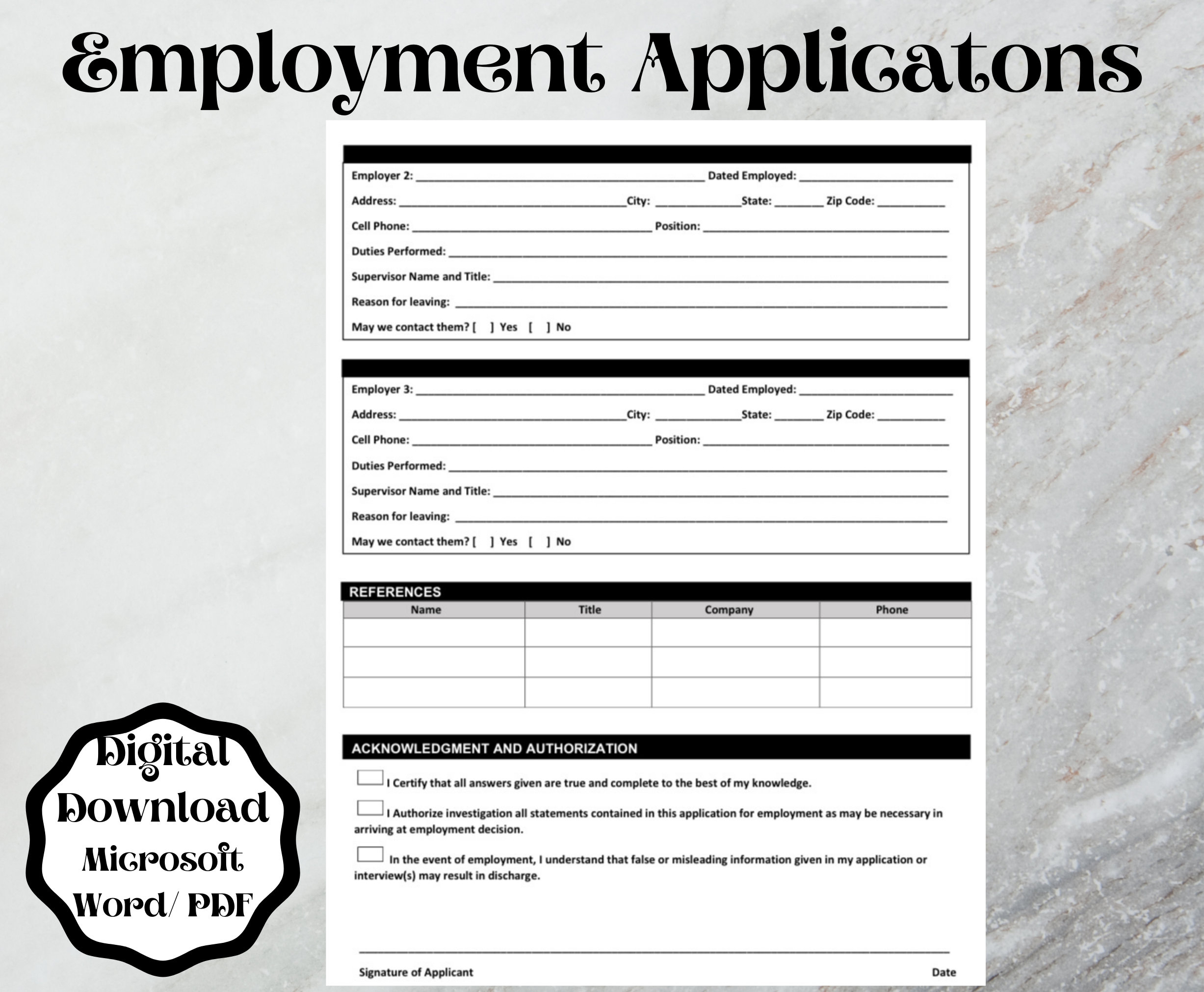 Employment Application Form Template (Word Printable&amp; Editable) for Printable Blank Job Application Form Word Document