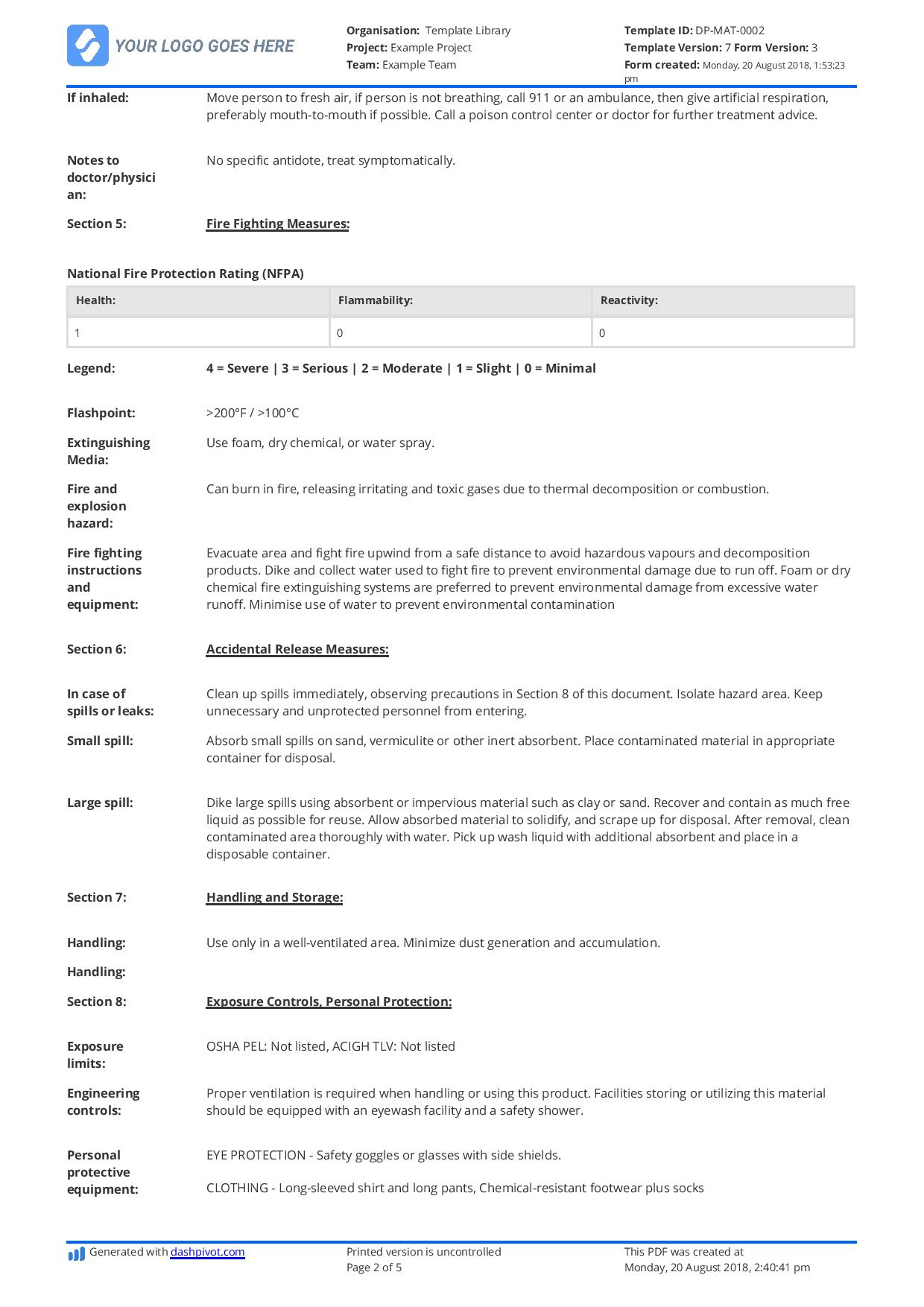 Example Of Material Safety Data Sheet (Msds) - Free And Customisable throughout Printable Material Safety Data Sheets