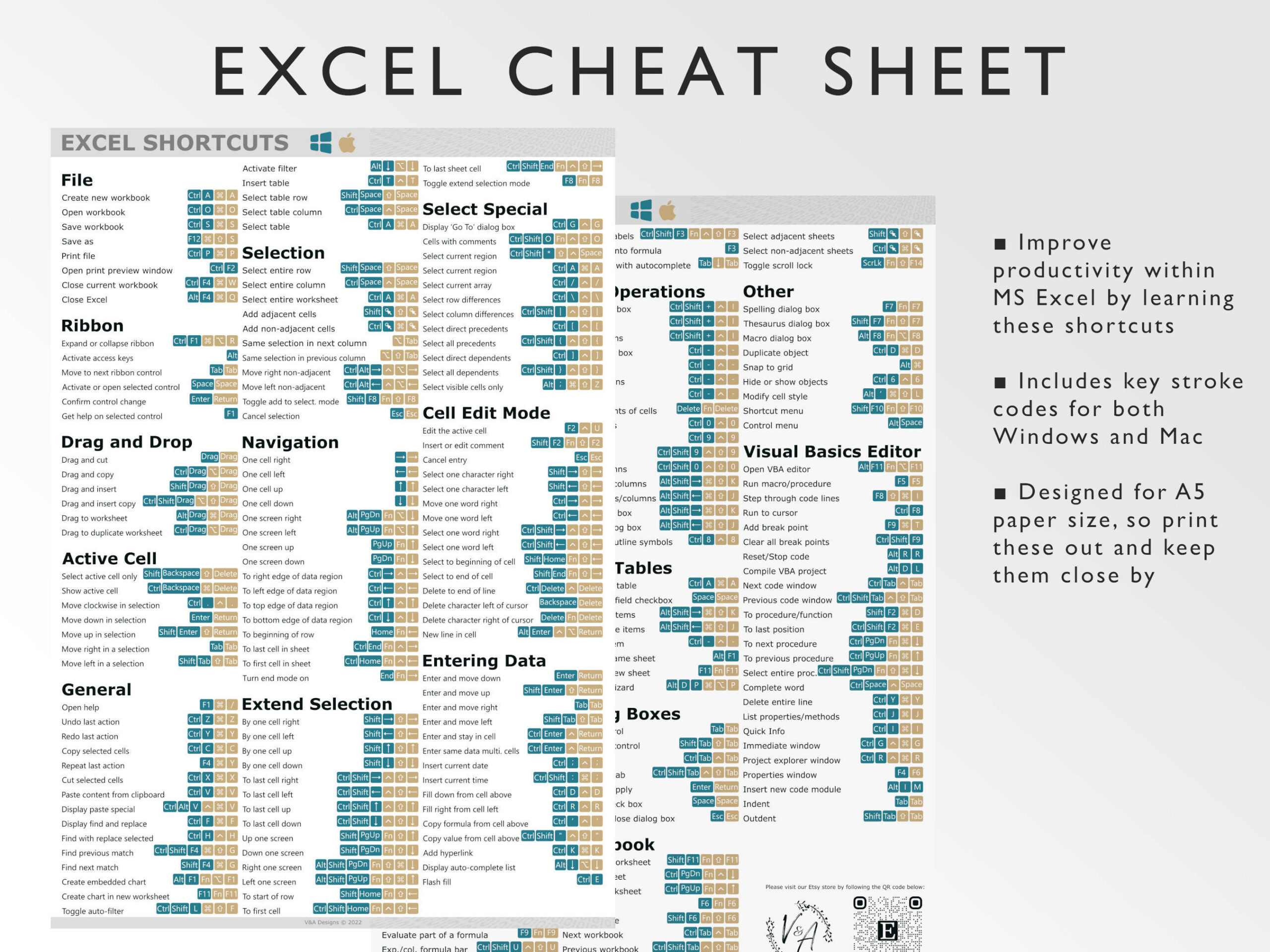 Excel Shortcuts Cheat Sheet | Windows & Mac (Pdf) - Etsy New Zealand in Excel Formula Cheat Sheet Printable