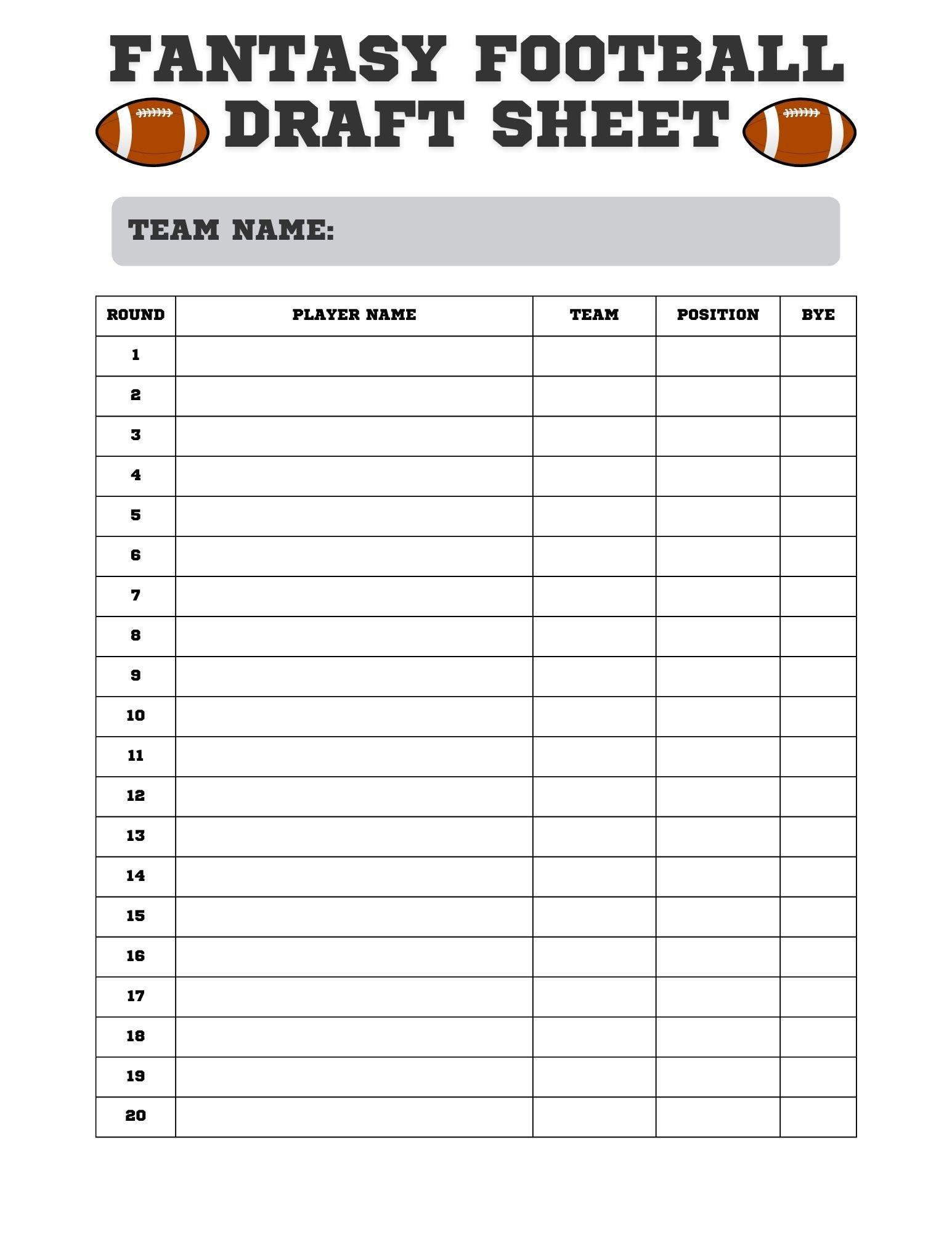 Fantasy Football Draft Sheet: Printable Draft Day Kit (Digital with Free Printable Fantasy Football Draft Sheet