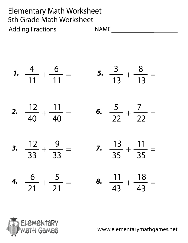 Fifth Grade Adding Fractions Worksheet inside Free Printable Math Sheets For 5Th Graders