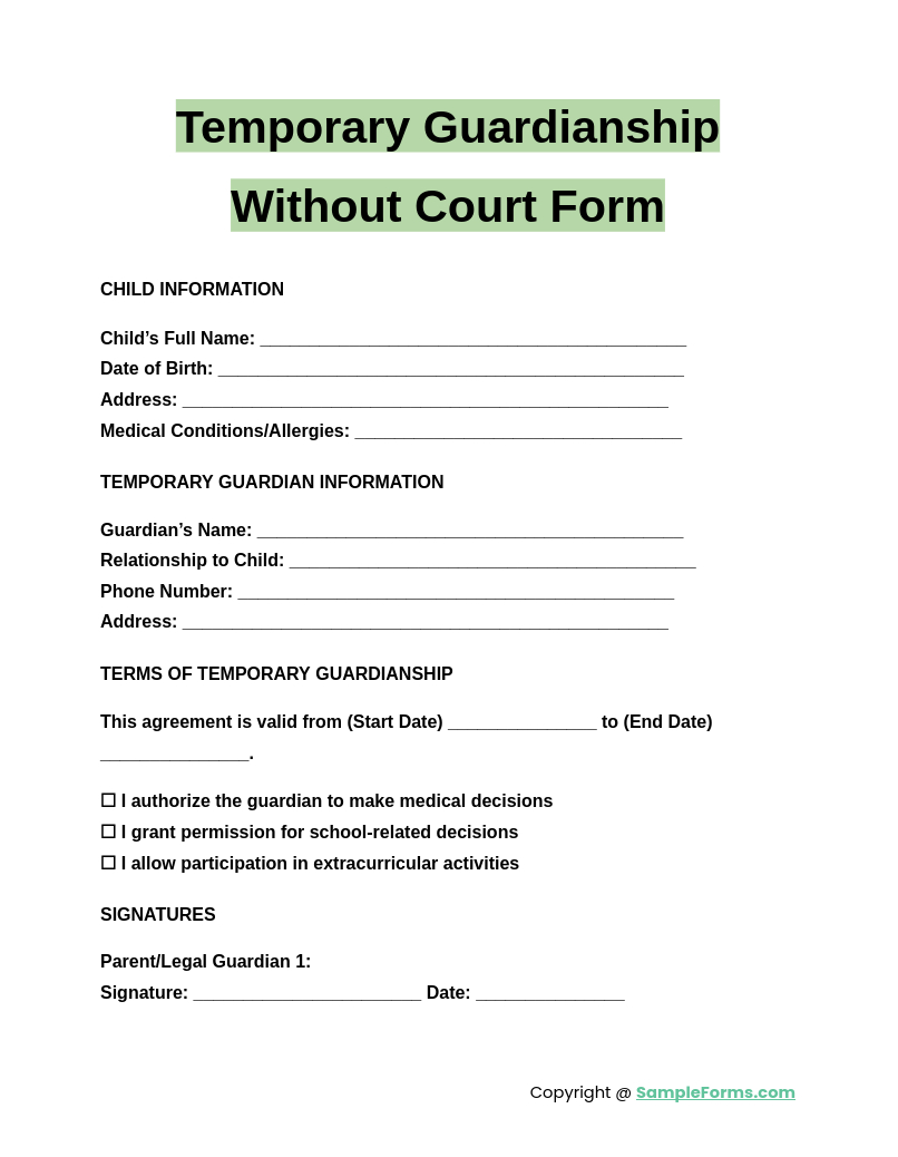 Free 11+ Temporary Guardianship Form Samples, Pdf, Ms Word, Google regarding Temporary Custody Agreement Printable Legal Guardianship Forms