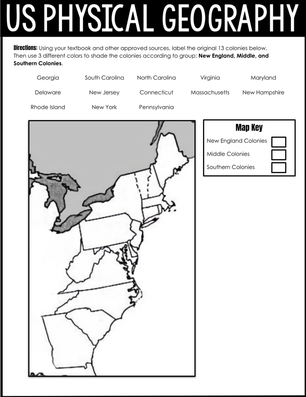 Free 13 Colonies Map Worksheet, Download Free 13 Colonies Map for Printable Blank 13 Colonies Map