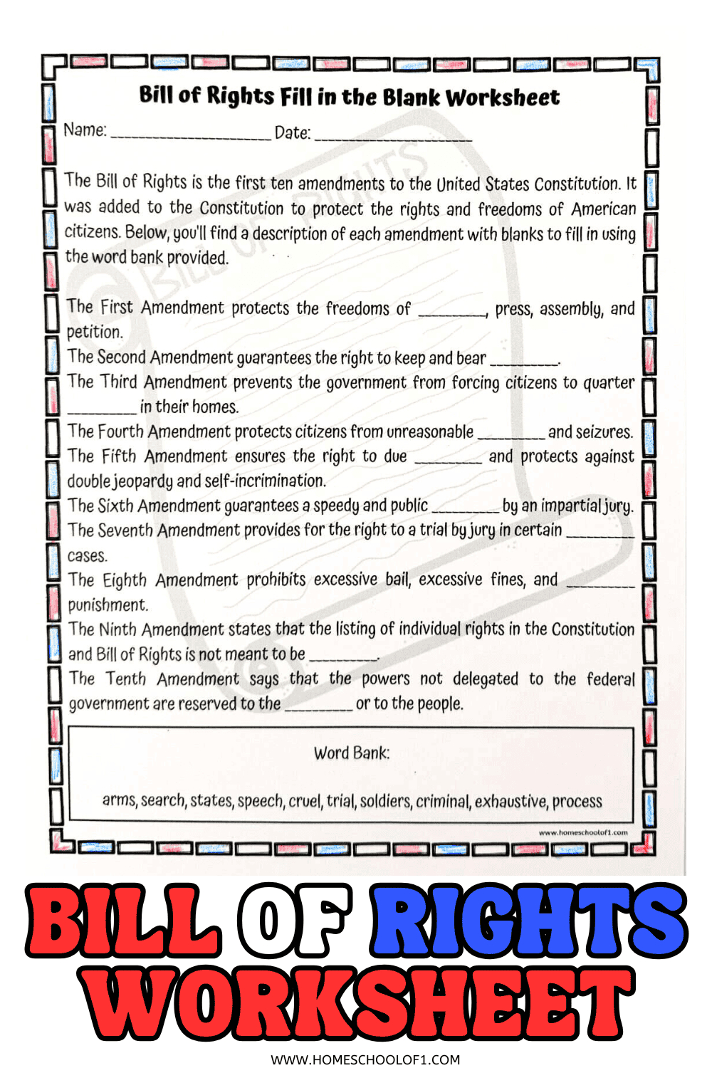 Free Bill Of Rights Worksheet (Fill In The Blank) for Printable Us Bill Of Rights