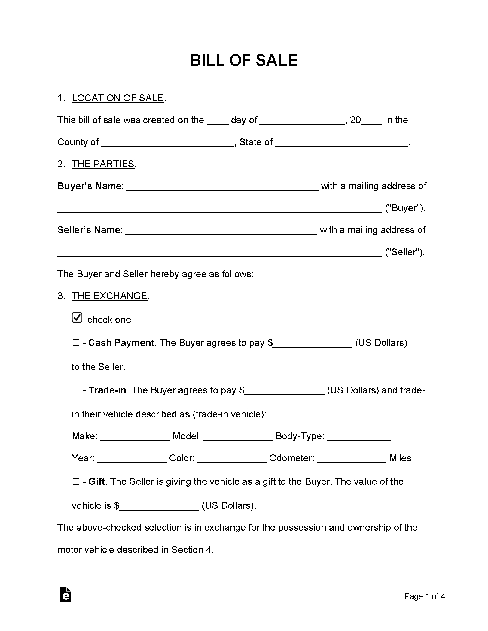 Free Bill Of Sale Forms (24) - Pdf | Word – Eforms with Automobile Bill Of Sale Printable Form