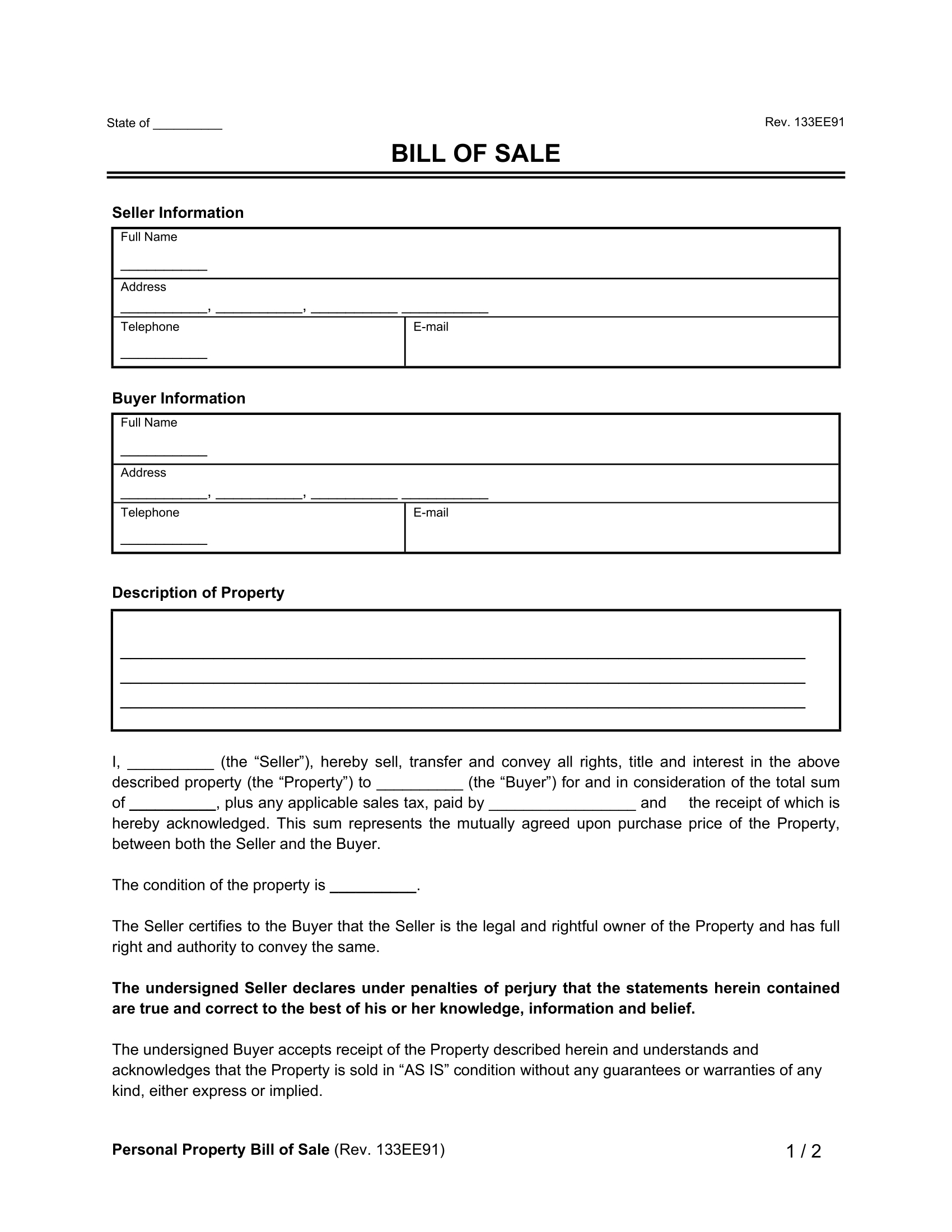Free Bill Of Sale Templates | Pdf & Word within Auto Bill Of Sale Form Printable