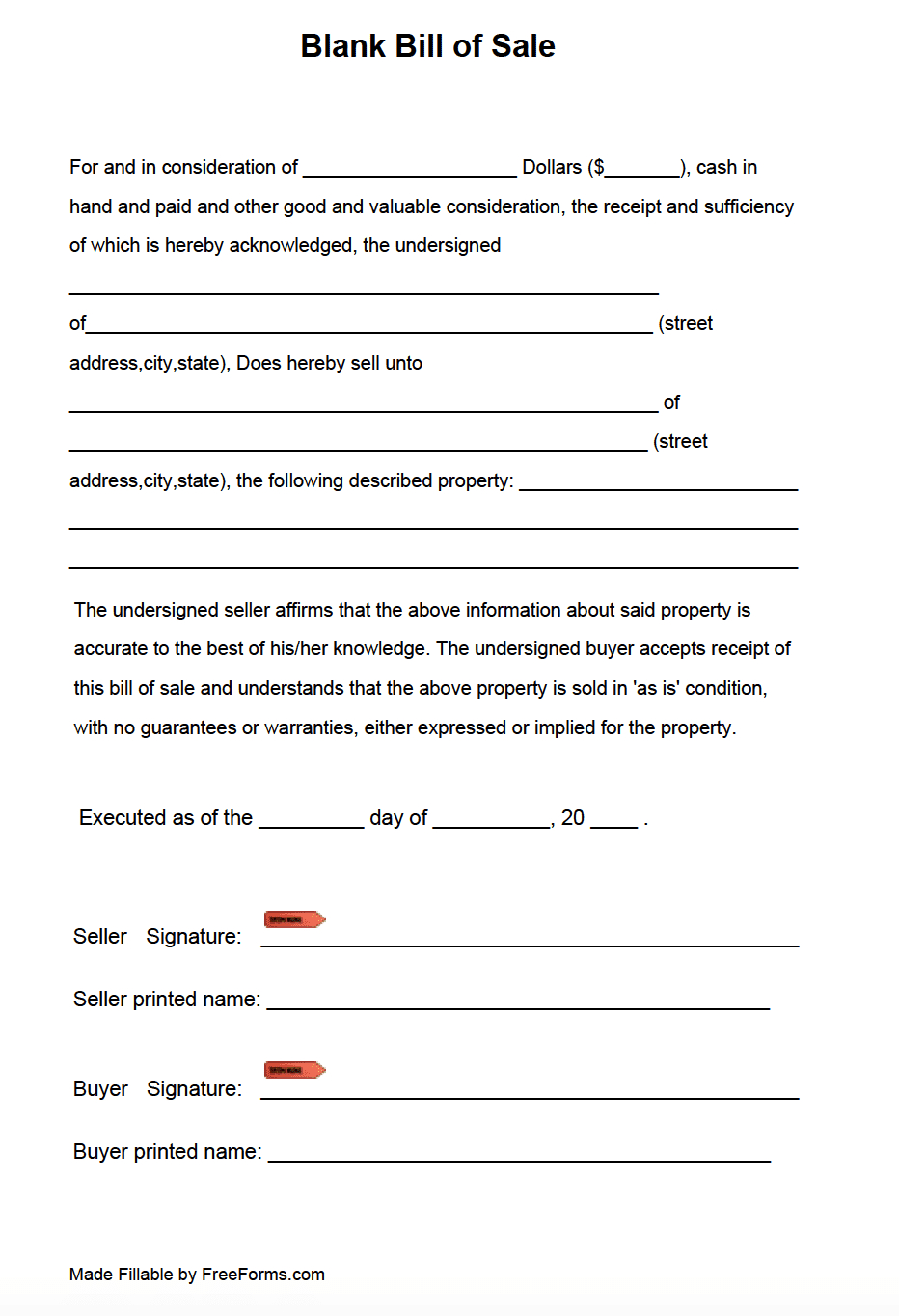 Free Blank Bill Of Sale Form | Pdf inside Printable Bill Of Sale Template Free