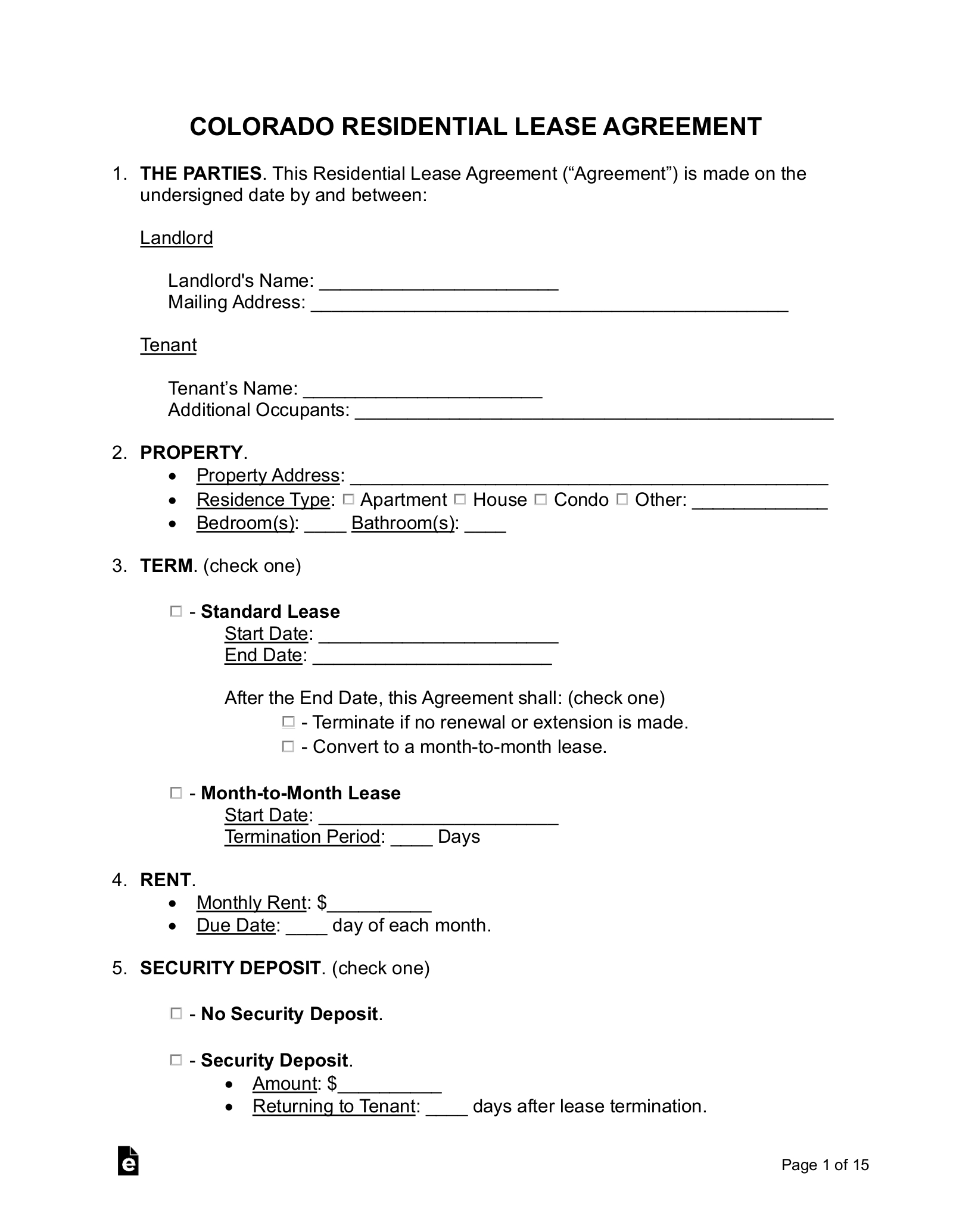 Free Colorado Lease Agreement Templates (6) - Pdf | Word – Eforms with Free Printable Blank Lease Agreement