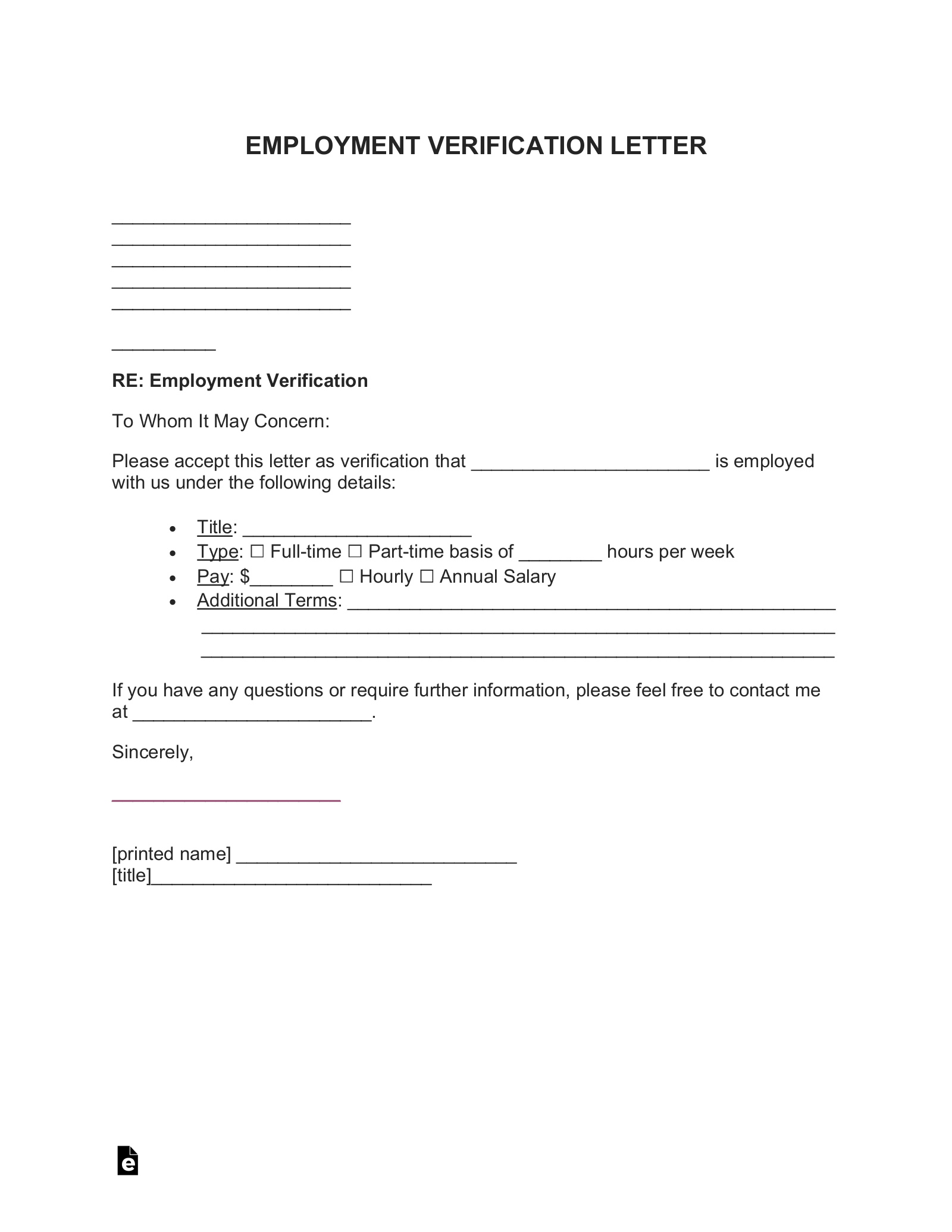 Free Employment (Income) Verification Letter - Pdf | Word – Eforms with Free Printable Proof Of Employment Letter