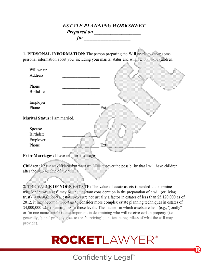 Free Estate Planning Worksheet For Married People - Rocket Lawyer for Free Printable Estate Planning Forms