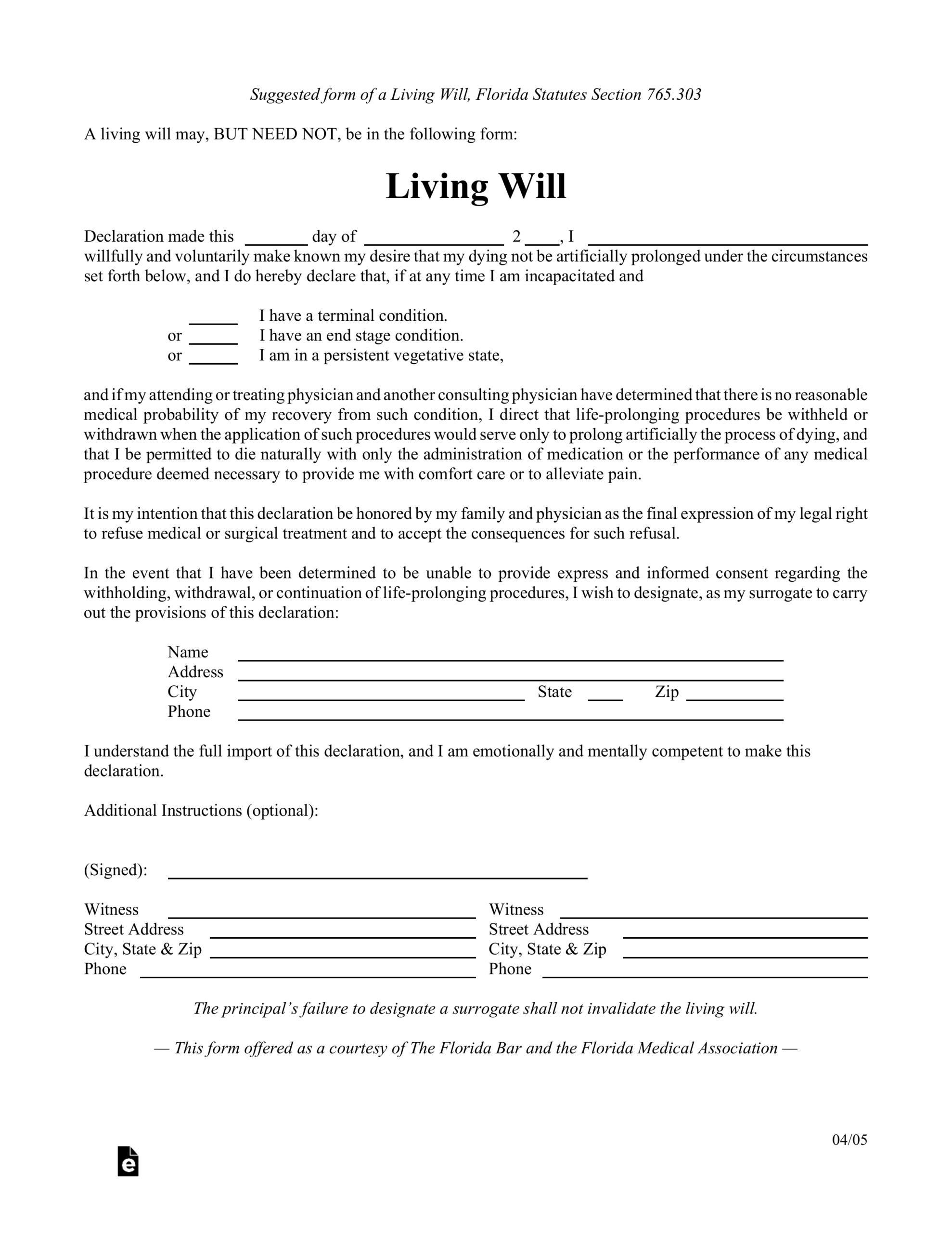 Free Florida Living Will Form Template - Pdf – Eforms pertaining to Free Printable Forms For Living Wills