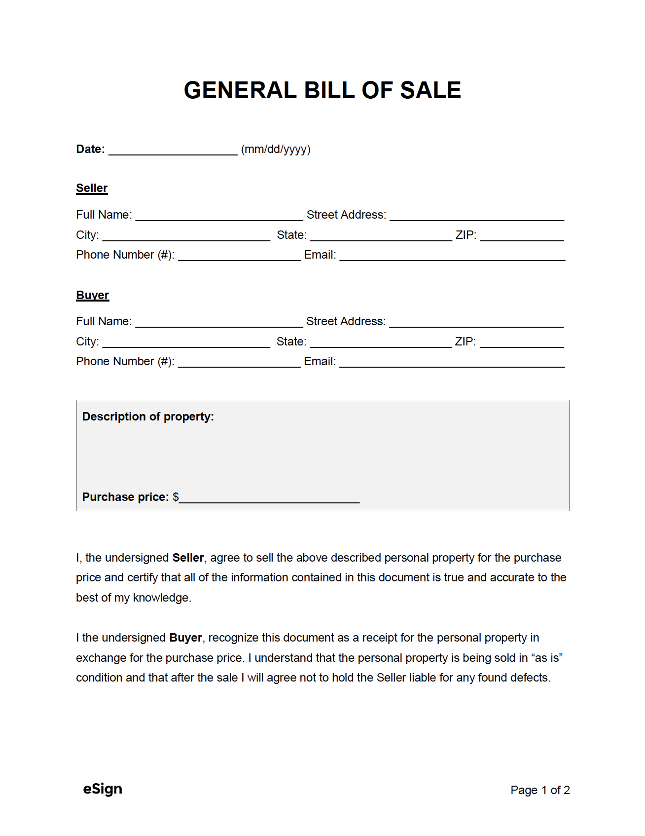 Free General Bill Of Sale Form | Pdf | Word with Printable Bill Of Sale Template Free