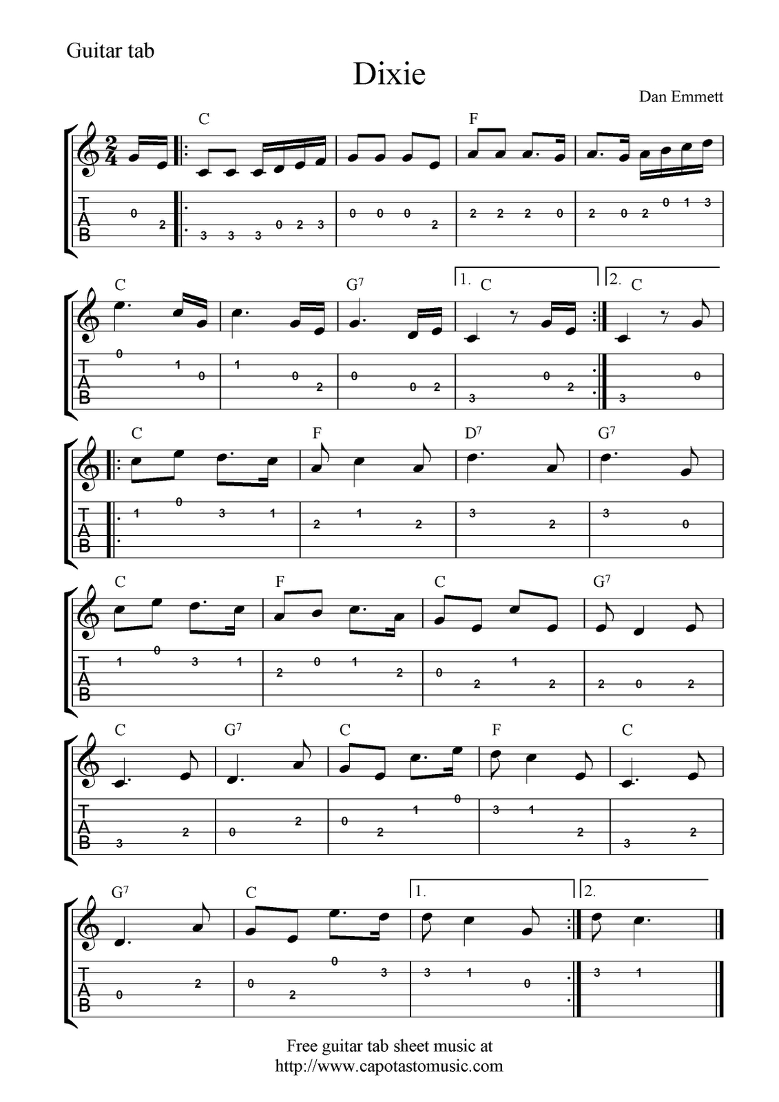 Free Guitar Tab Sheet Music, Dixie - Worksheets Library pertaining to Free Printable Guitar Sheet Music