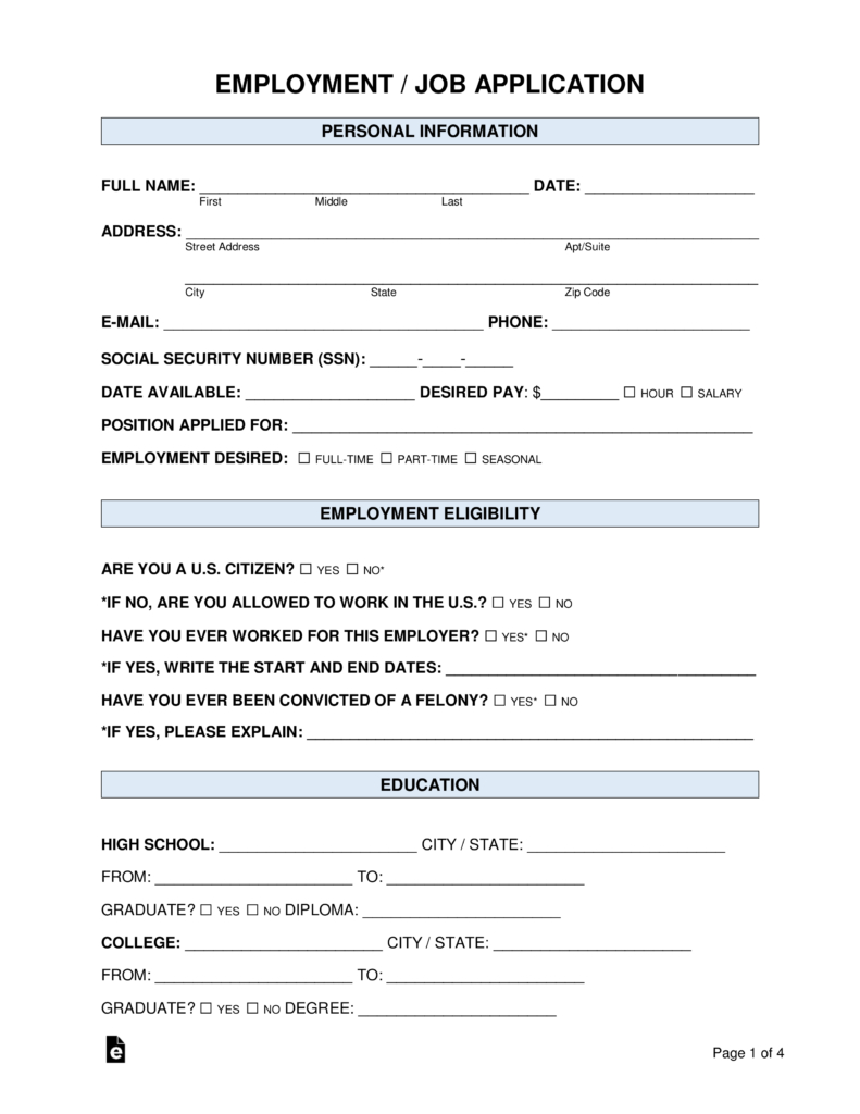 Free Job Application Forms (2) - Pdf | Word – Eforms in Application For Employment Free Printables